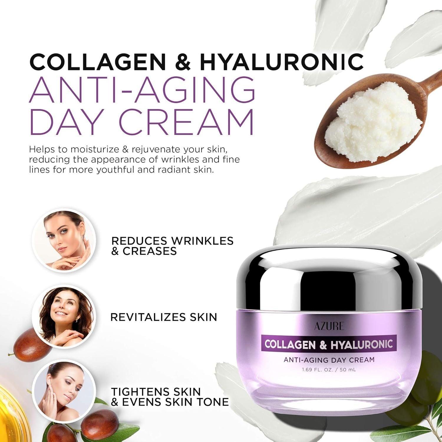 Azure Cosmetics Collagen & Hyaluronic Anti-Aging Day Cream – 50ml | Firming & Radiance-Boosting Hydration Azure Cosmetics Collagen & Hyaluronic Anti-Aging Day Cream – 50ml | Firming & Radiance-Boosting Hydration