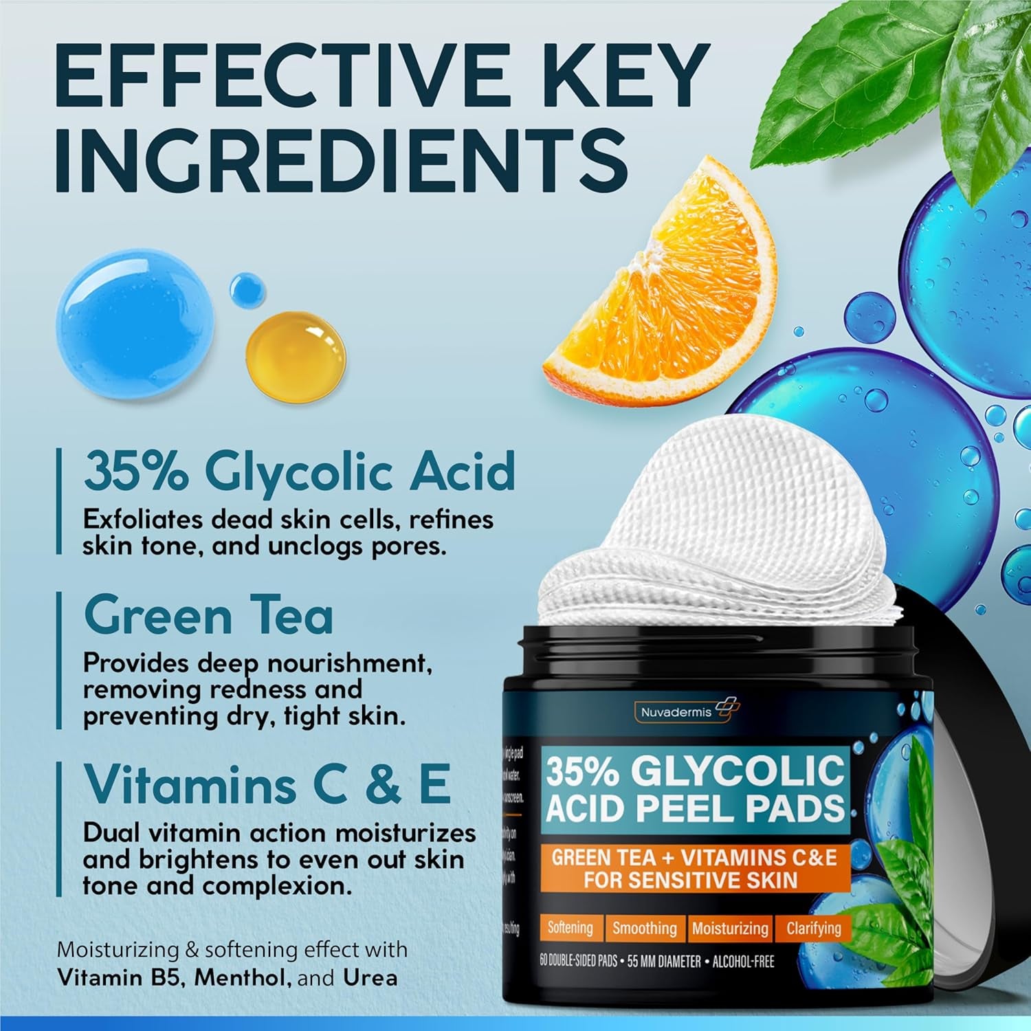 NUVADERMIS 35% Glycolic Acid Peel Pads – 60 Double-Sided Pads | Exfoliate, Smooth & Brighten Skin NUVADERMIS 35% Glycolic Acid Peel Pads – 60 Double-Sided Pads | Exfoliate, Smooth & Brighten Skin
