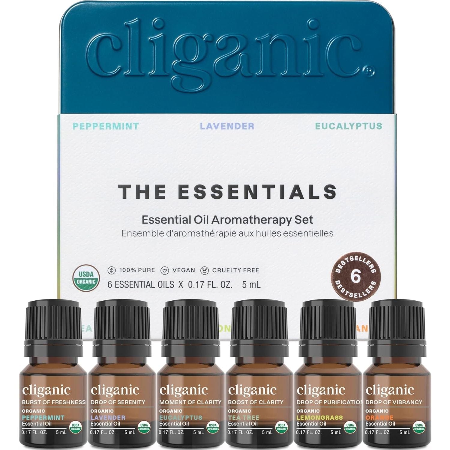 Cliganic The Essentials Essential Oil Aromatherapy Set – 6 x 5ml | 100% Pure, USDA Organic Oils for Diffusing, Relaxation & Wellness Cliganic The Essentials Essential Oil Aromatherapy Set – 6 x 5ml | 100% Pure, USDA Organic Oils for Diffusing, Relaxation & Wellness