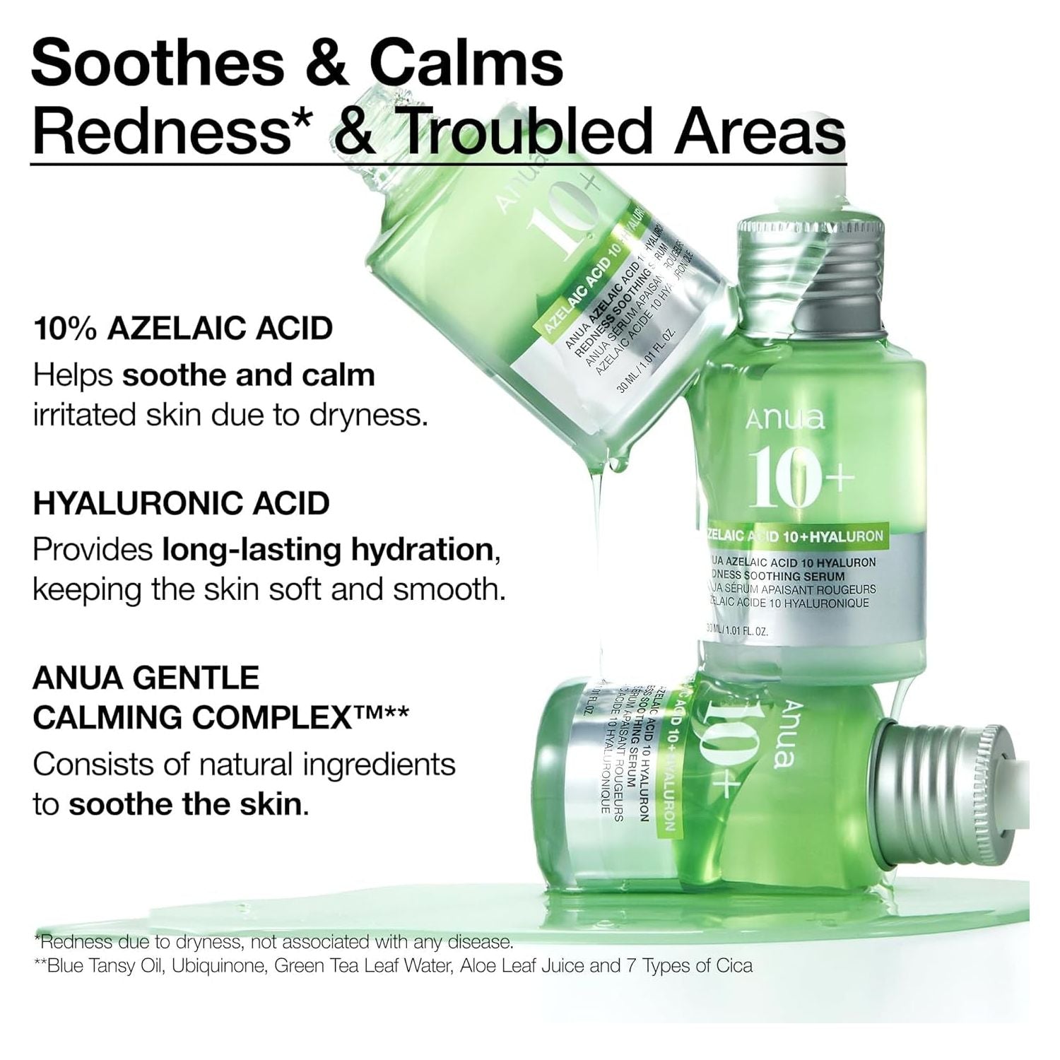 Anua 10+ Azelaic Acid + Hyaluron Redness Soothing Serum – 30ml | Soothes Redness & Hydrates Sensitive Skin Anua 10+  | Azelaic Acid 10+ Hyaluron | Redness Soothing Serum 1.01 Fl Oz - 30ml