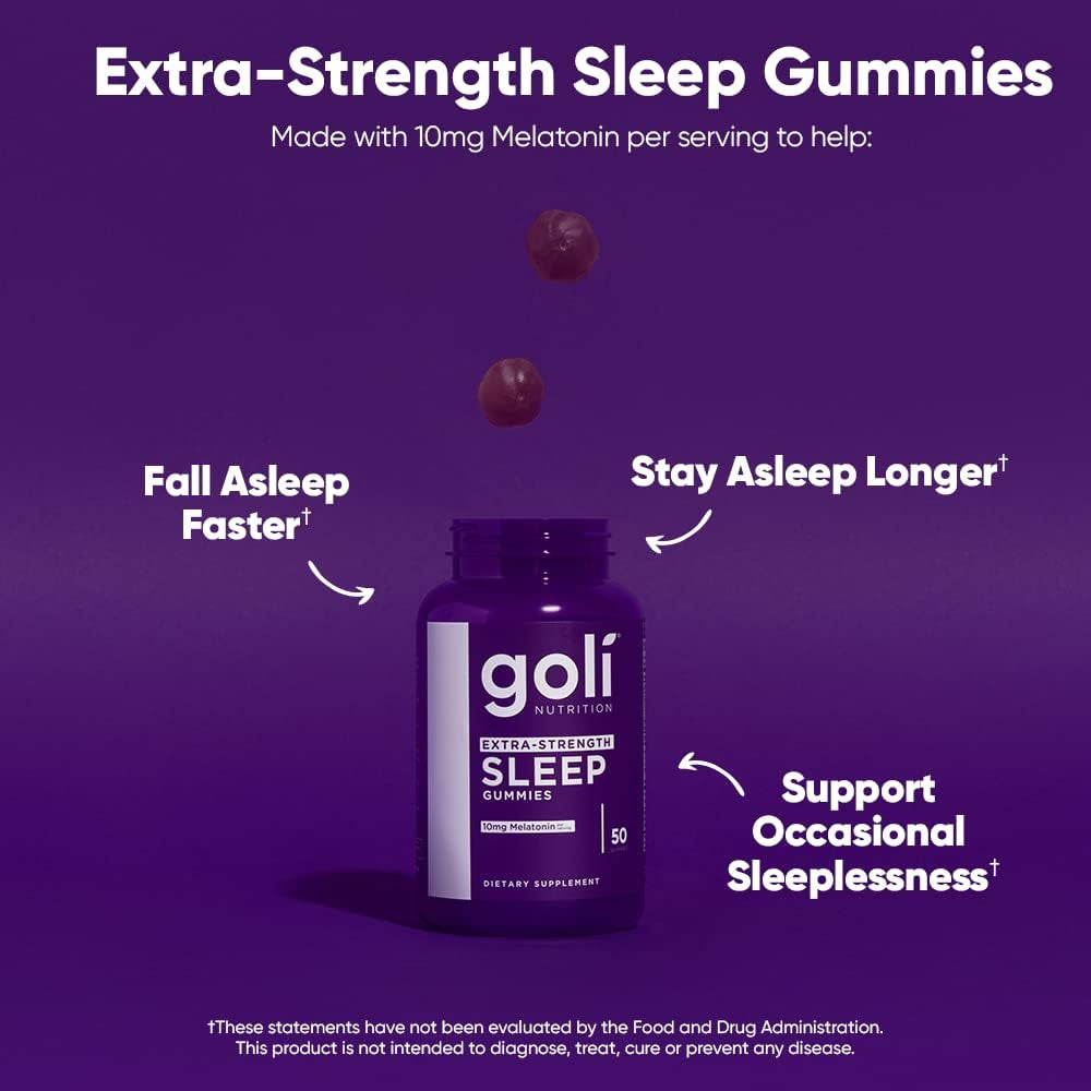 Goli Extra-Strength Sleep Gummies – 50 Gummies | Deep Sleep Support with 10mg Melatonin & Lemon Balm Nutritional Supplement, Extra Strength Sleep Gummy 10Mg Melatonin - 1 Pack 50 Count - Gluten-Free, Vegan, Non-Gmo, and Gelatin-Free