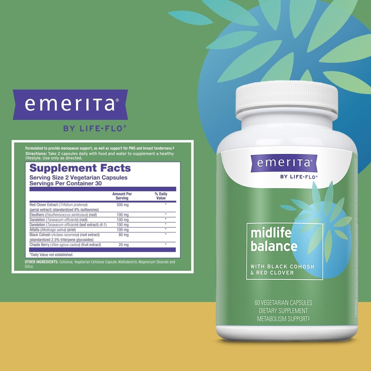 Emerita by Life-flo Midlife Balance – 60 Capsules | Herbal Support for Menopause & PMS Relief Emerita by Life-flo Midlife Balance With Black Cohosh and Red Clover -  60 Vegetarian Capsules
