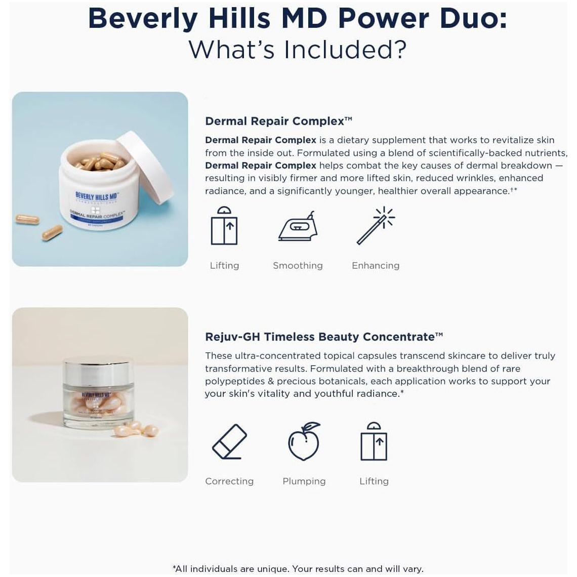 Beverly Hills MD Power Duo Set – Dermal Repair Complex & Rejuv-GH Timeless Beauty Concentrate | Firm, Youthful, Radiant Skin Inside & Out Beverly Hills MD Power Duo Set – Dermal Repair Complex & Rejuv-GH Timeless Beauty Concentrate | Firm, Youthful, Radiant Skin Inside & Out