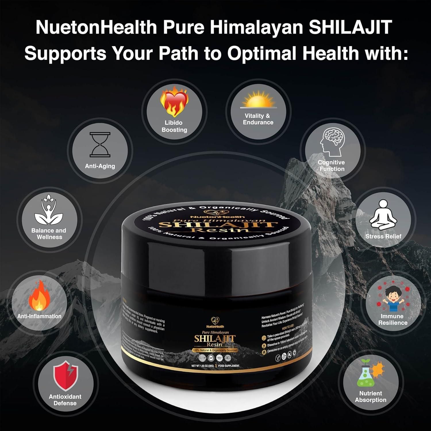 NuetonHealth Pure Organic Himalayan Shilajit Resin – 30g | Gold Grade Fulvic & Humic Acid Supplement for Vitality, Focus & Wellness NuetonHealth Pure Organic Himalayan Shilajit Resin - Gold Grade 30G Lab Tested in UK - Glam Global UKNuetonHealth