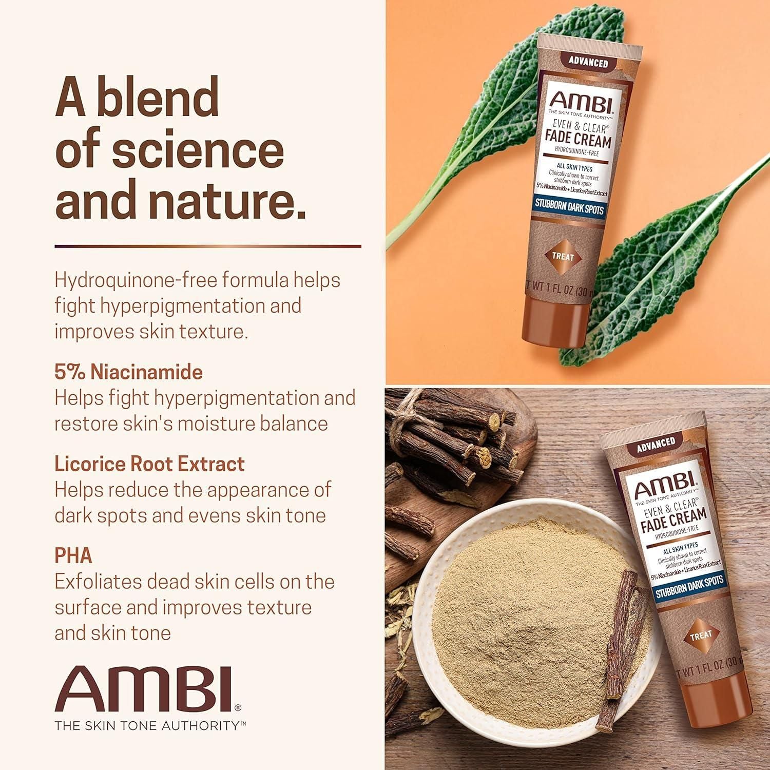 Ambi Even & Clear Advanced Fade Cream – 30ml | Hydroquinone-Free Dark Spot Corrector with Niacinamide, PHA & Licorice Root Ambi Even & Clear Advanced Fade Cream Hydroquinone - Free - 30ml - Glam Global UKAmbi