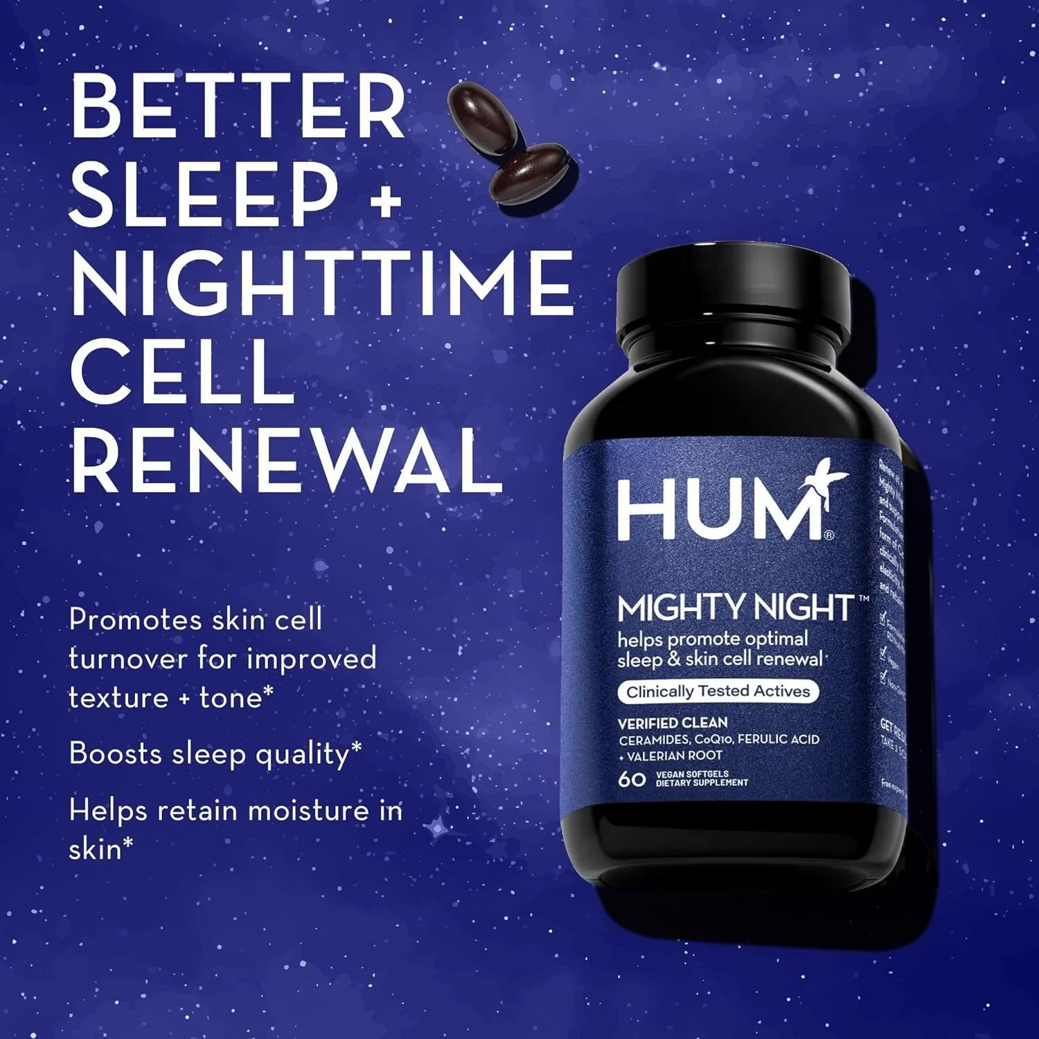 HUM Mighty Night – 60 Vegan Softgels | Nighttime Skin Renewal & Deep Sleep Support HUM Mighty Night – 60 Vegan Softgels | Nighttime Skin Renewal & Deep Sleep Support