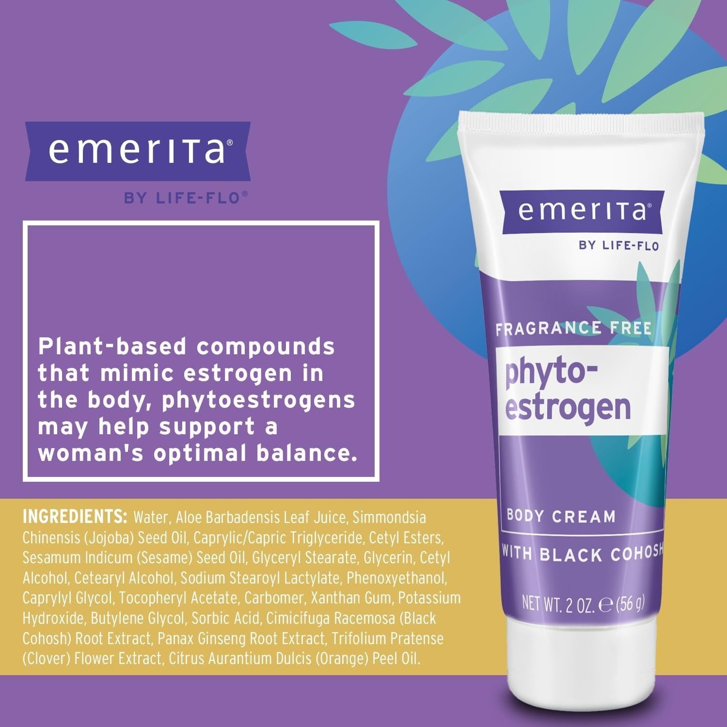 Emerita by Life-flo Phytoestrogen Body Cream – 56g | Plant-Based Hormonal Support Emerita by Life-flo Phytoestrogen Body Cream - 2 oz (56g)