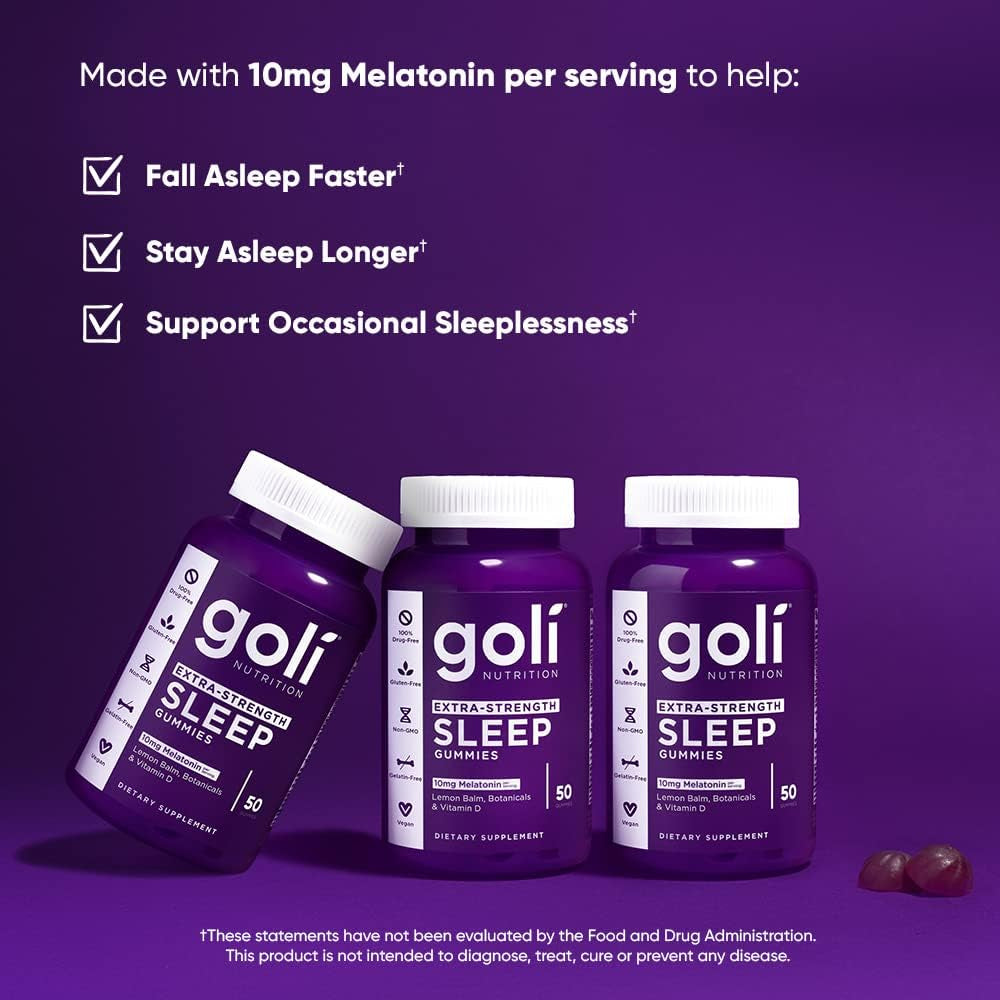 Goli Extra-Strength Sleep Gummies – 50 Gummies | Deep Sleep Support with 10mg Melatonin & Lemon Balm Nutritional Supplement, Extra Strength Sleep Gummy 10Mg Melatonin - 1 Pack 50 Count - Gluten-Free, Vegan, Non-Gmo, and Gelatin-Free