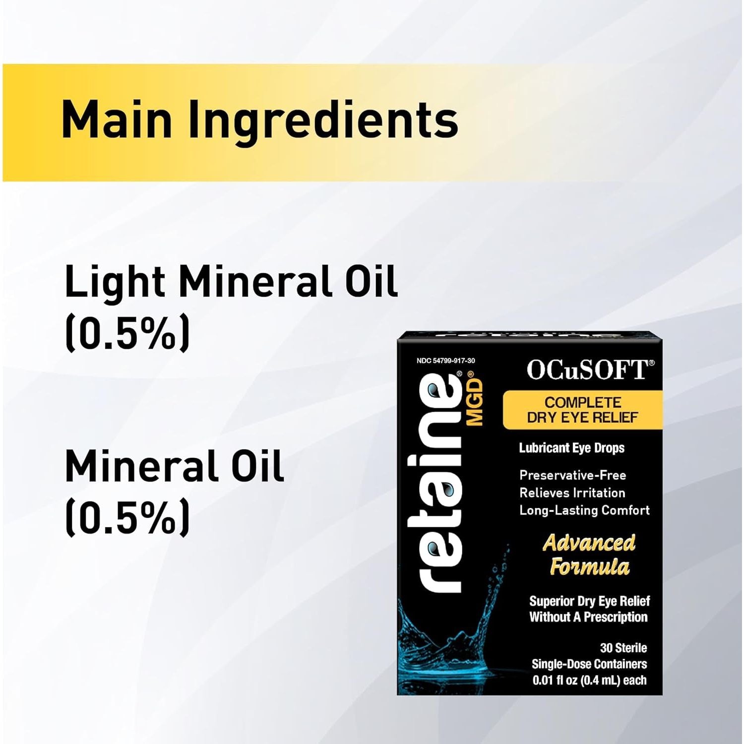 OCuSOFT Retaine MGD Complete Dry Eye Relief – 30 Sterile Single-Dose Containers (0.4ml) | Advanced Lubrication & Moisture Protection OCuSOFT Retaine MGD Complete Dry Eye Relief – 30 Sterile Single-Dose Containers (0.4ml) | Advanced Lubrication & Moisture Protection