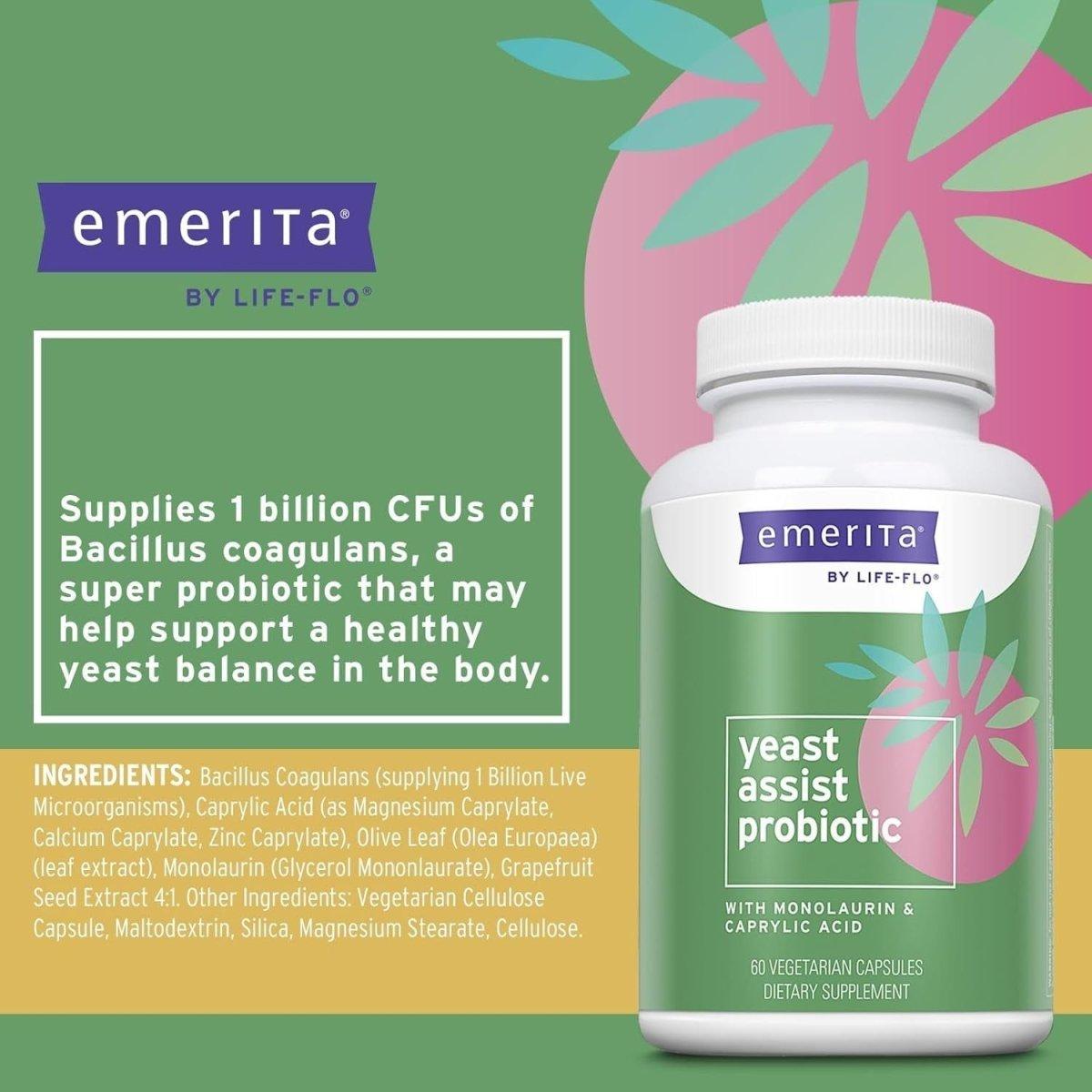 Emerita by Life-flo Yeast Assist Probiotic – 60 Capsules | Gut, Vaginal & Immune Health Support by Life - Flo Yeast Assist Probiotics for Women - Yeast Cleanse - 30 Servings, 60 Vegcaps - Glam Global UKEmerita