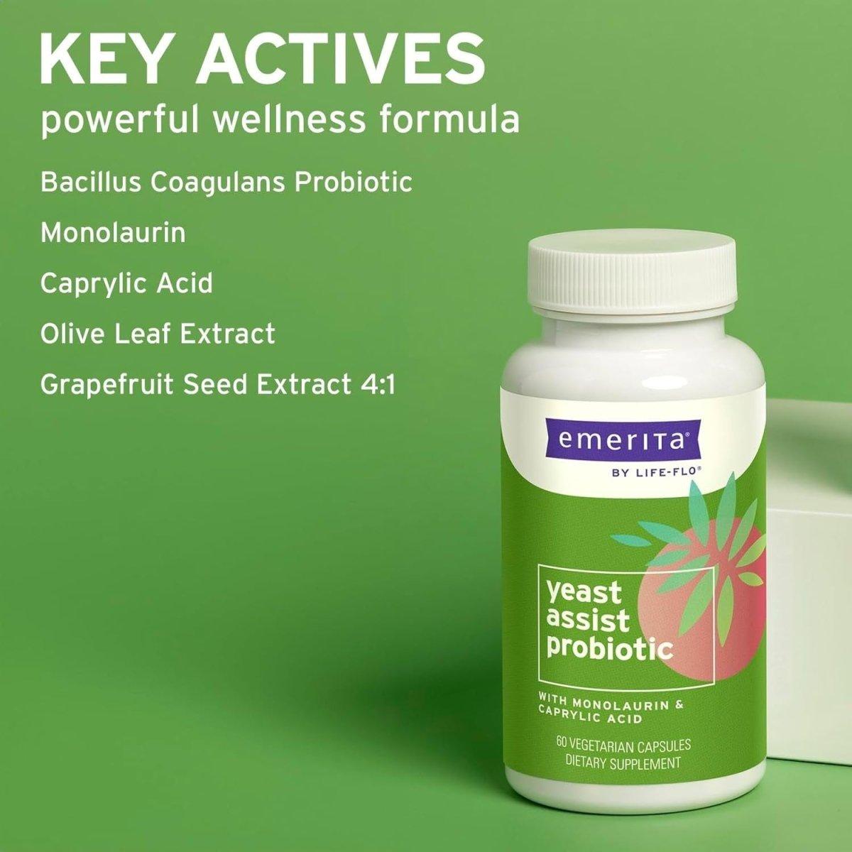 Emerita by Life-flo Yeast Assist Probiotic – 60 Capsules | Gut, Vaginal & Immune Health Support by Life - Flo Yeast Assist Probiotics for Women - Yeast Cleanse - 30 Servings, 60 Vegcaps - Glam Global UKEmerita
