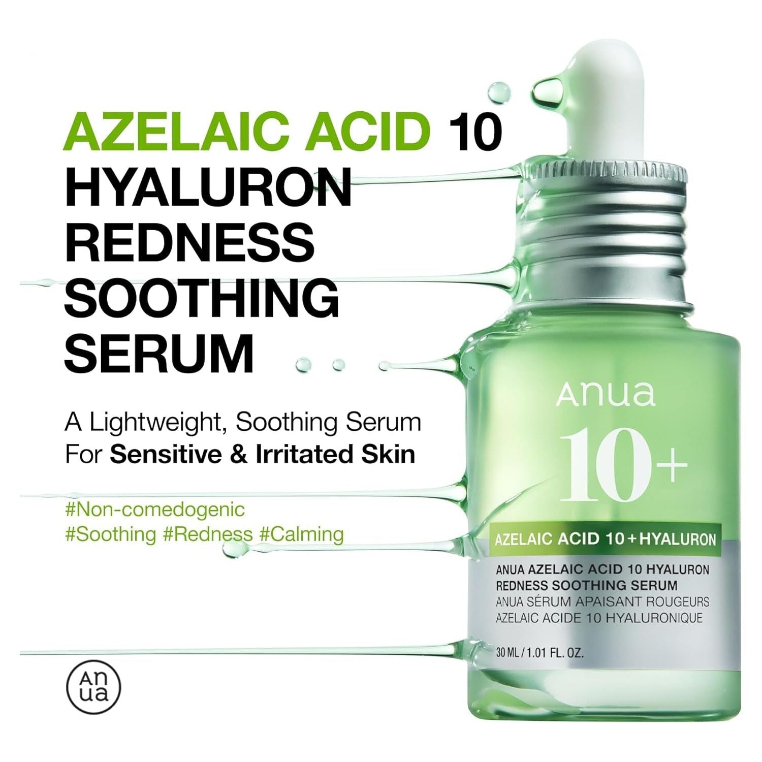 Anua 10+ Azelaic Acid + Hyaluron Redness Soothing Serum – 30ml | Soothes Redness & Hydrates Sensitive Skin Anua 10+  | Azelaic Acid 10+ Hyaluron | Redness Soothing Serum 1.01 Fl Oz - 30ml