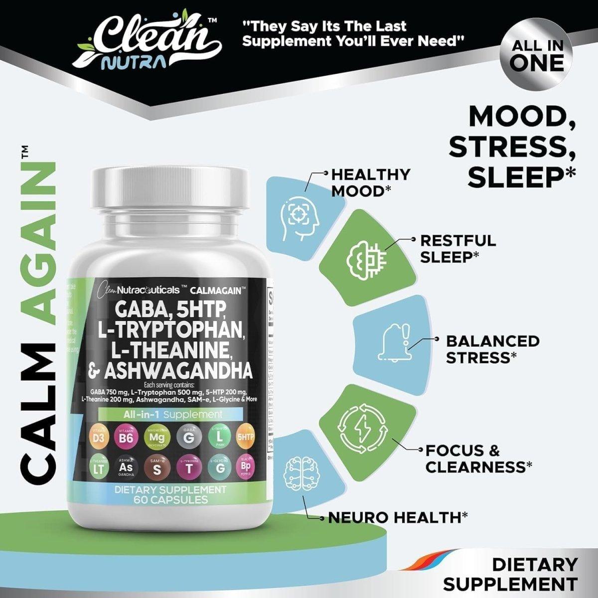 Clean Nutraceuticals CALMAGAIN All-in-One Supplement – 60 Capsules | Advanced Mood & Stress Support Clean Nutraceuticals CALMAGAIN All - in - 1 Supplement - 60 Capsules - Glam Global UKClean Nutraceuticals