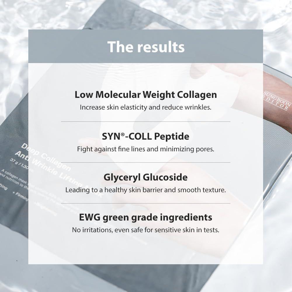 SUNGBOON EDITOR Deep Collagen Anti-Wrinkle Lifting Mask – 4 Pack | High-Concentration Jelly Sheet Mask for Firming & Hydration SUNGBOON EDITOR Deep Collagen Anti - Wrinkle Lifting Mask - 4 Pack - Glam Global UKSUNGBOON EDITOR