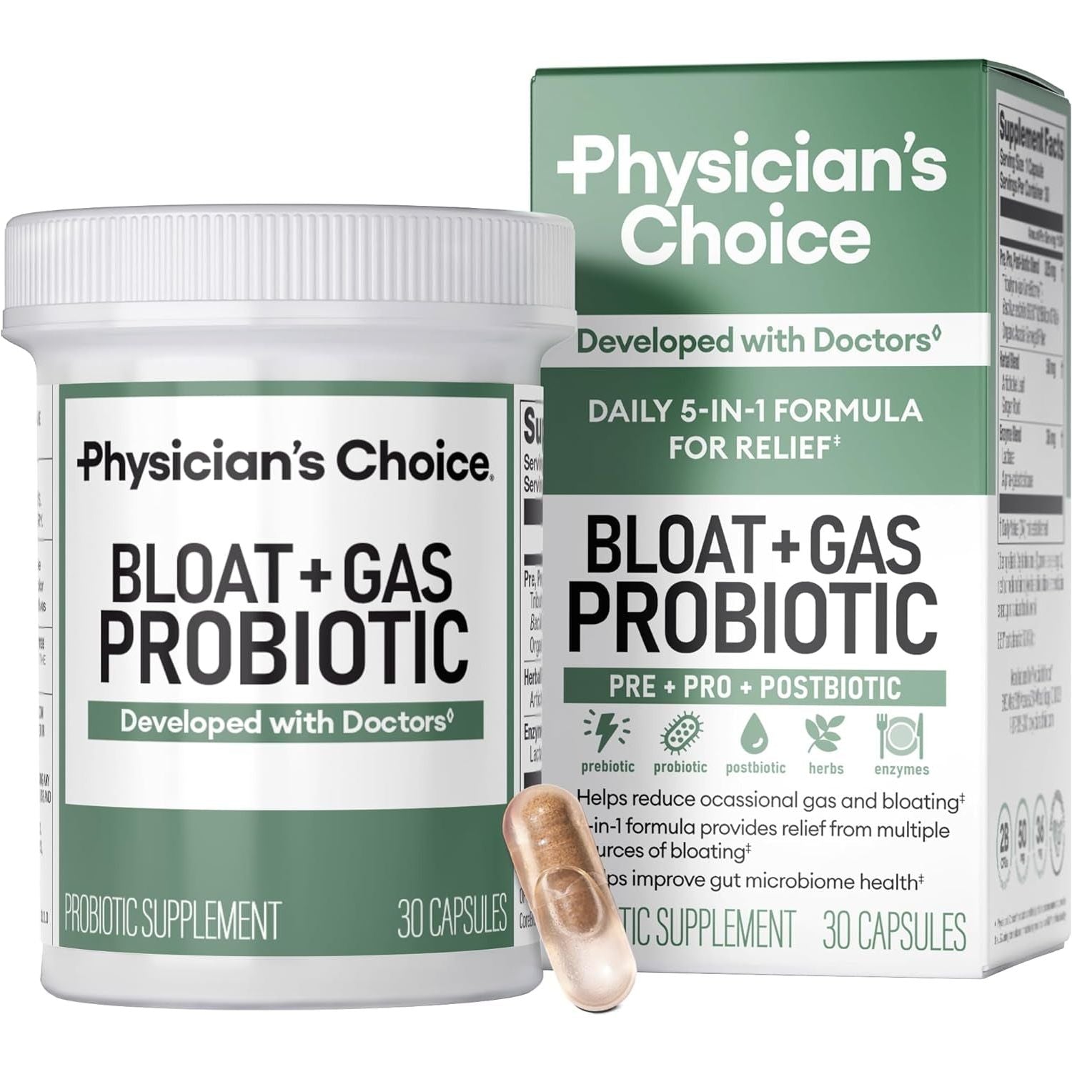 Physician's CHOICE Bloat + Gas Probiotic Supplement – 30 Capsules | 5-in-1 Digestive Support for Bloating, Gas & Gut Health Physician's CHOICE Bloat + Gas Probiotic Supplement – 30 Capsules | 5-in-1 Digestive Support for Bloating, Gas & Gut Health