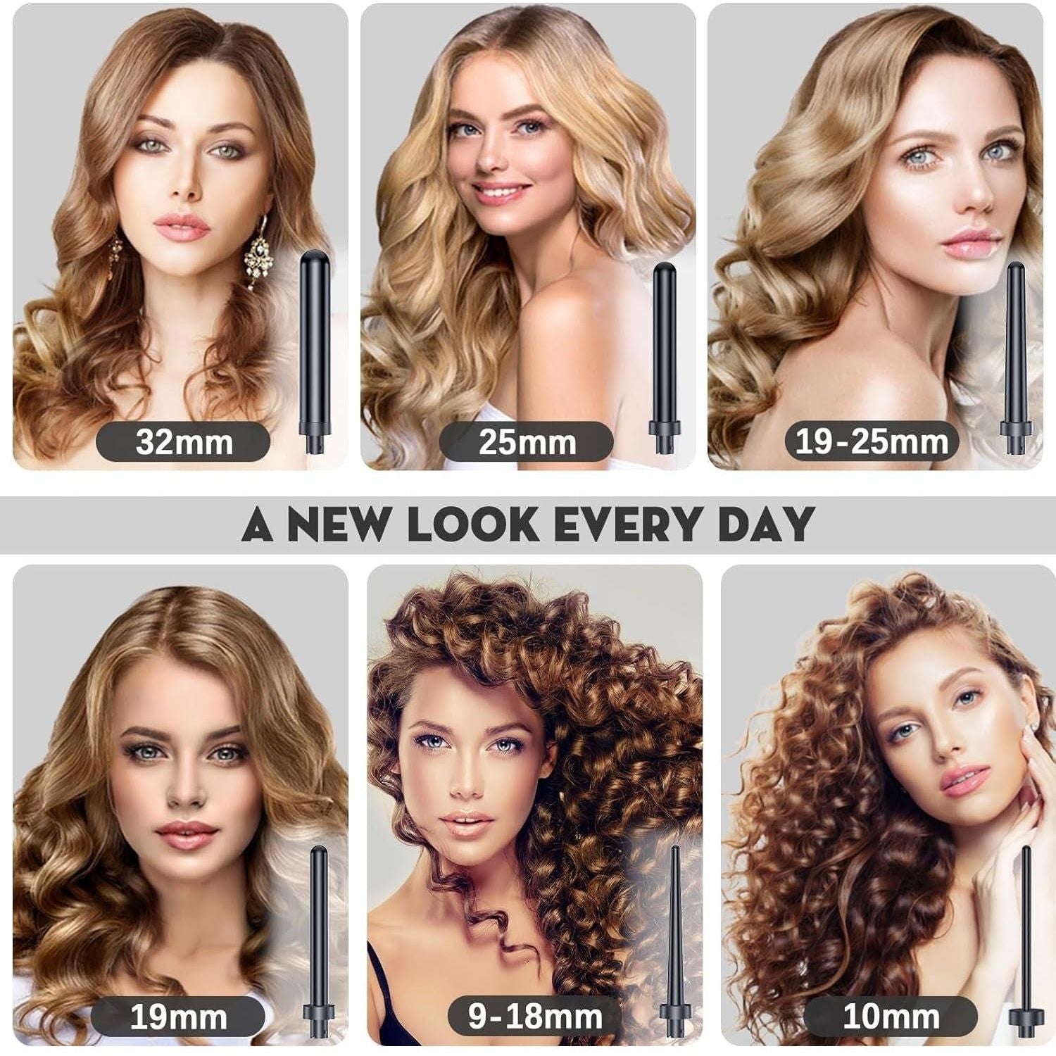 6-in-1 Curling Wand Set | Tourmaline Ceramic Hair Curler with Interchangeable Barrels 6 in 1 Curling Wand Set with Various Accessories, Tourmaline Ceramic Hair Curling Iron, Anti-Static Coating, Heat-Resistant Glove and 2 Hair Clips