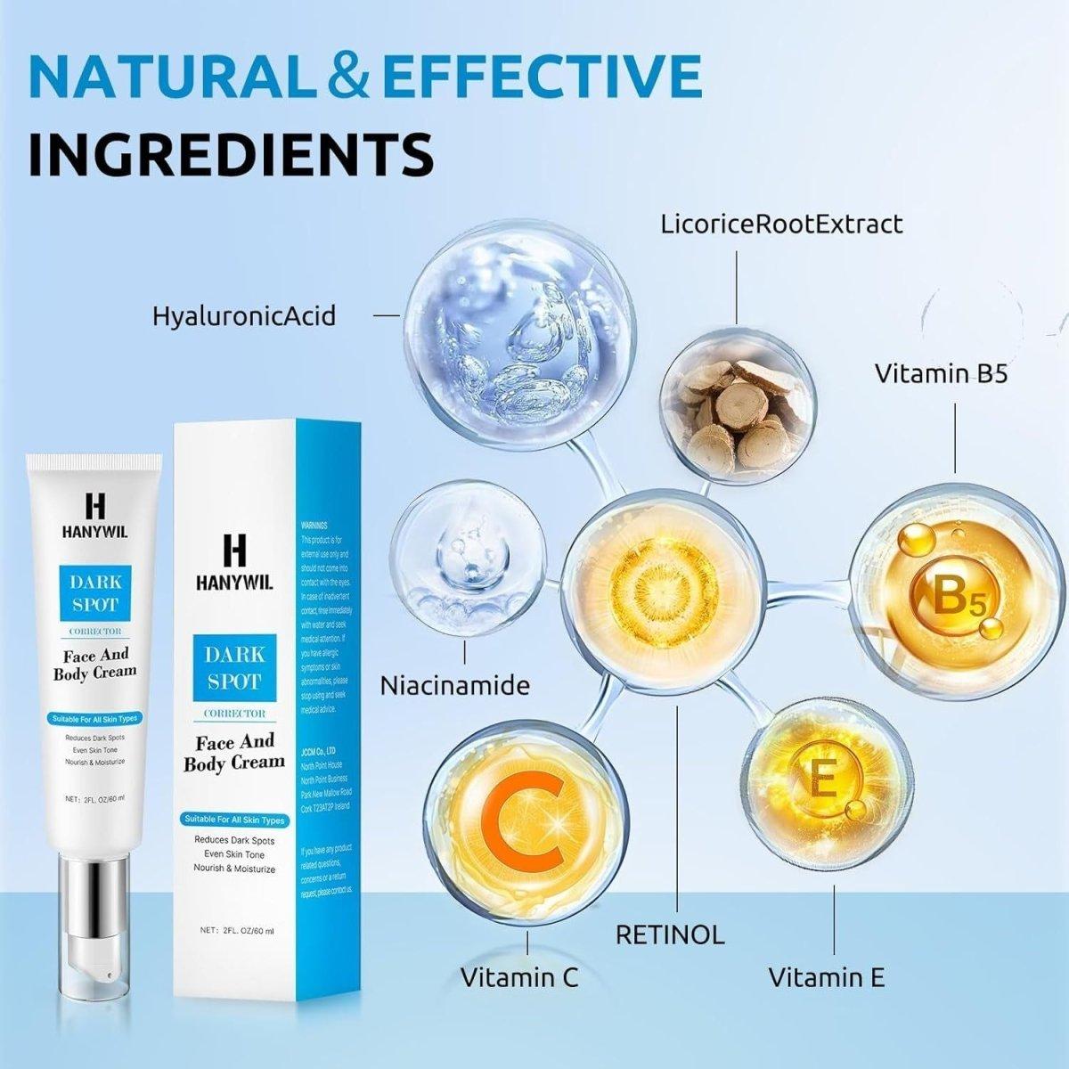 HANYWIL Dark Spot Corrector  Face and Body Cream – 60 ml | Professional Dark Spot Remover for Stubborn Pigmentation, Sun Spots, and Uneven Skin Tone | Hydrating, Fast-Acting Formula HANYWIL Dark Spot Corrector Face and Body Cream 2 fl oz - 60 ml - Glam Global UKHANYWIL