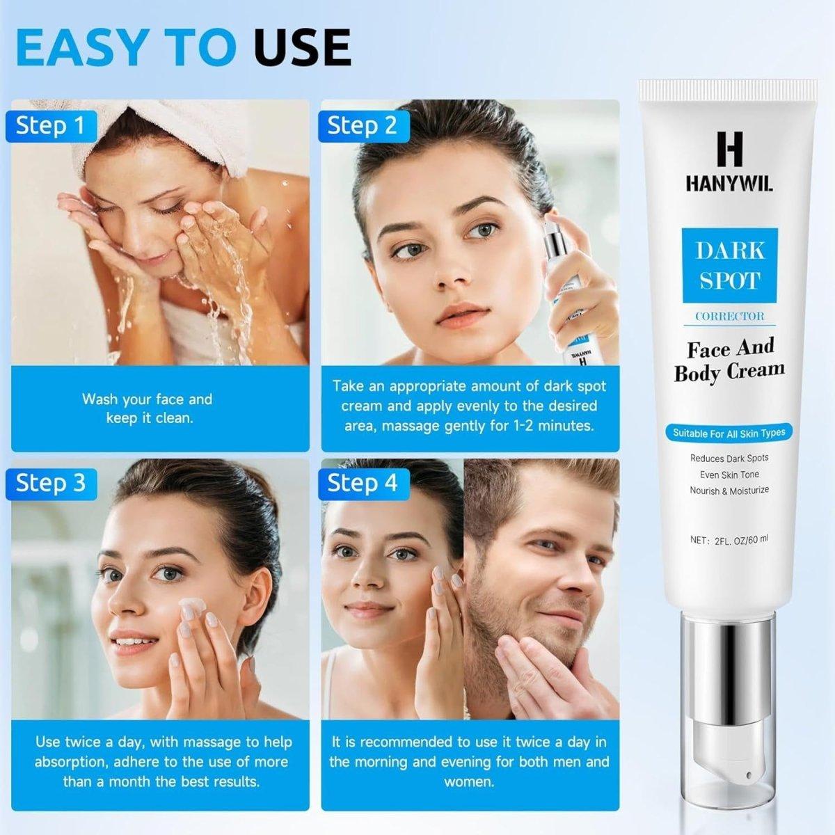 HANYWIL Dark Spot Corrector  Face and Body Cream – 60 ml | Professional Dark Spot Remover for Stubborn Pigmentation, Sun Spots, and Uneven Skin Tone | Hydrating, Fast-Acting Formula HANYWIL Dark Spot Corrector Face and Body Cream 2 fl oz - 60 ml - Glam Global UKHANYWIL