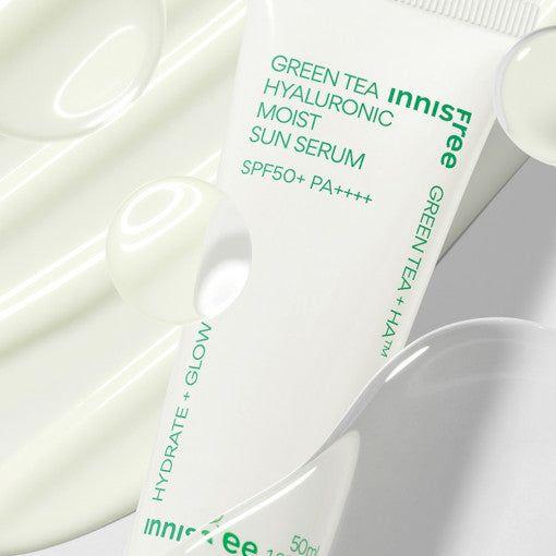 innisfree Green Tea Hyaluronic Moist Sun Serum SPF50+ PA++++ - 50ml | Hydrating & Lightweight Sun Protection innisfree Green Tea Hyaluronic Moist Sun Serum 50ml SPF50+ PA++++ - Glam Global UKinnisfree