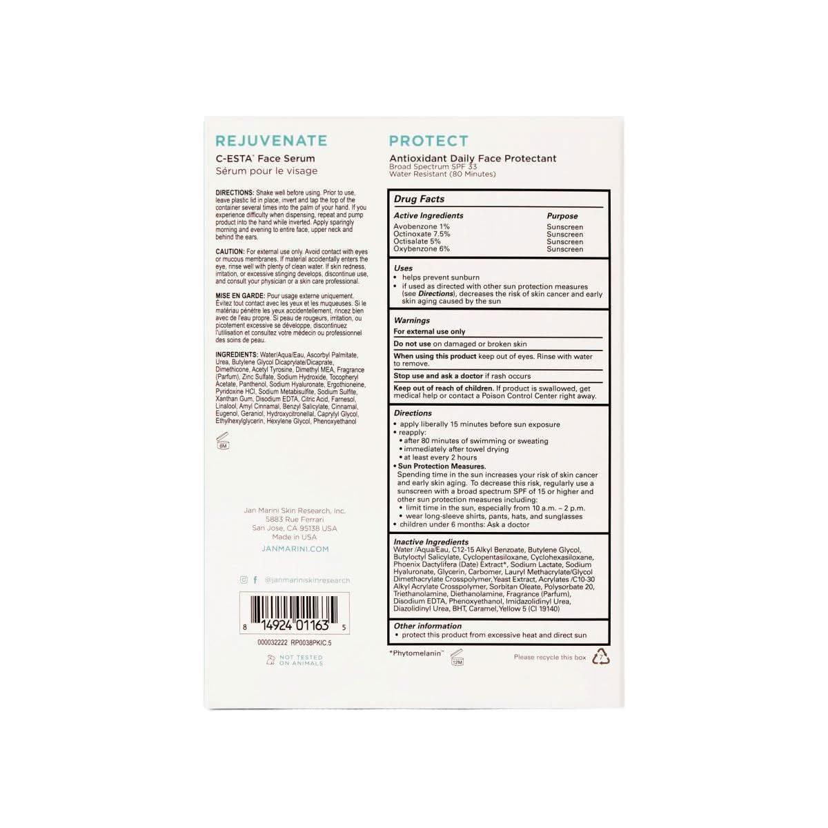 Jan Marini Rejuvenate and Protect Set | C-ESTA Vitamin C Serum + Antioxidant Daily Face Protectant SPF 33 Jan Marini Rejuvenate and Protect with Antioxidant Daily Face Protectant SPF 33 | Vitamin C & C - ESTA Serum Set - Glam Global UKJan Marini