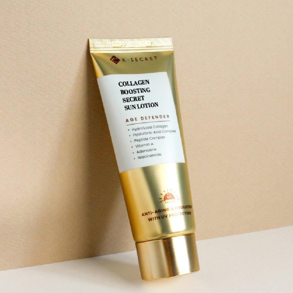 K-SECRET Collagen Boosting Secret Sun Lotion – 60ml | SPF 50+ PA++++ UV Protection & Anti-Aging Care K - SECRET Collagen Boosting Secret Sun Lotion 60ml - Glam Global UKK - SECRET