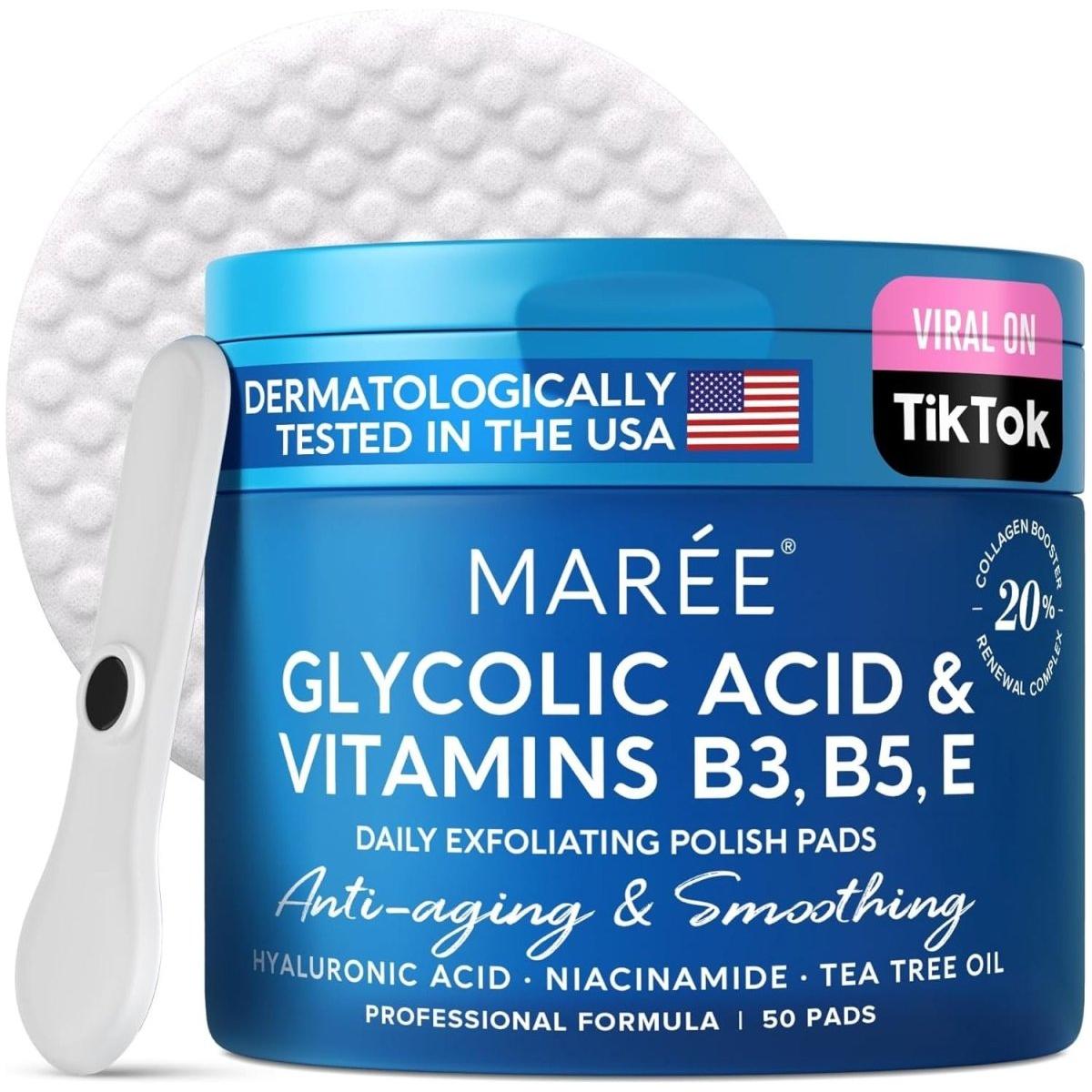 MARÉE Glycolic Acid & Vitamins B3, B5, E Daily Exfoliating Polish Pads – 50 Pads | Gentle, Hydrating AHA/BHA Facial Peel for Glowing, Youthful Skin MAREE Glycolic Acid & Vitamins B3, B5, E Daily Exfoliating Polish Pads - 50 Pads - Glam Global UKMAREE
