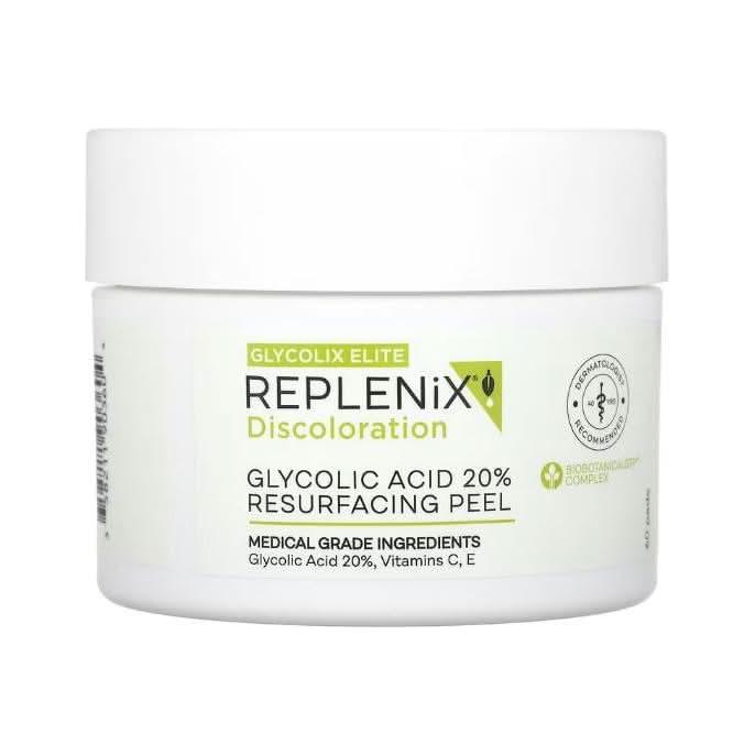 Replenix Discoloration 20% Almohadilla exfoliante rejuvenecedora con ácido glicólico (60 unidades) Replenix Discolouration 20% Glycolic Acid Resurfacing Peel Pad (60 Count) - Glam Global UK Replenix