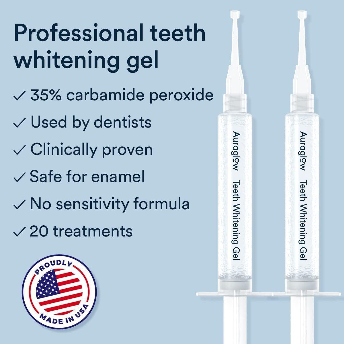 Auraglow Teeth Whitening Kit – LED Accelerator Light & 35% Carbamide Peroxide Gel | 20+ Professional Whitening Treatments Auraglow Teeth Whitening Kit, LED Accelerator Light, 35% Carbamide Peroxide Teeth Whitening Gel, 20+ Whitening Treatments, (2) 5Ml Whitening Gel Syringes - Glam Global UKAuraglow