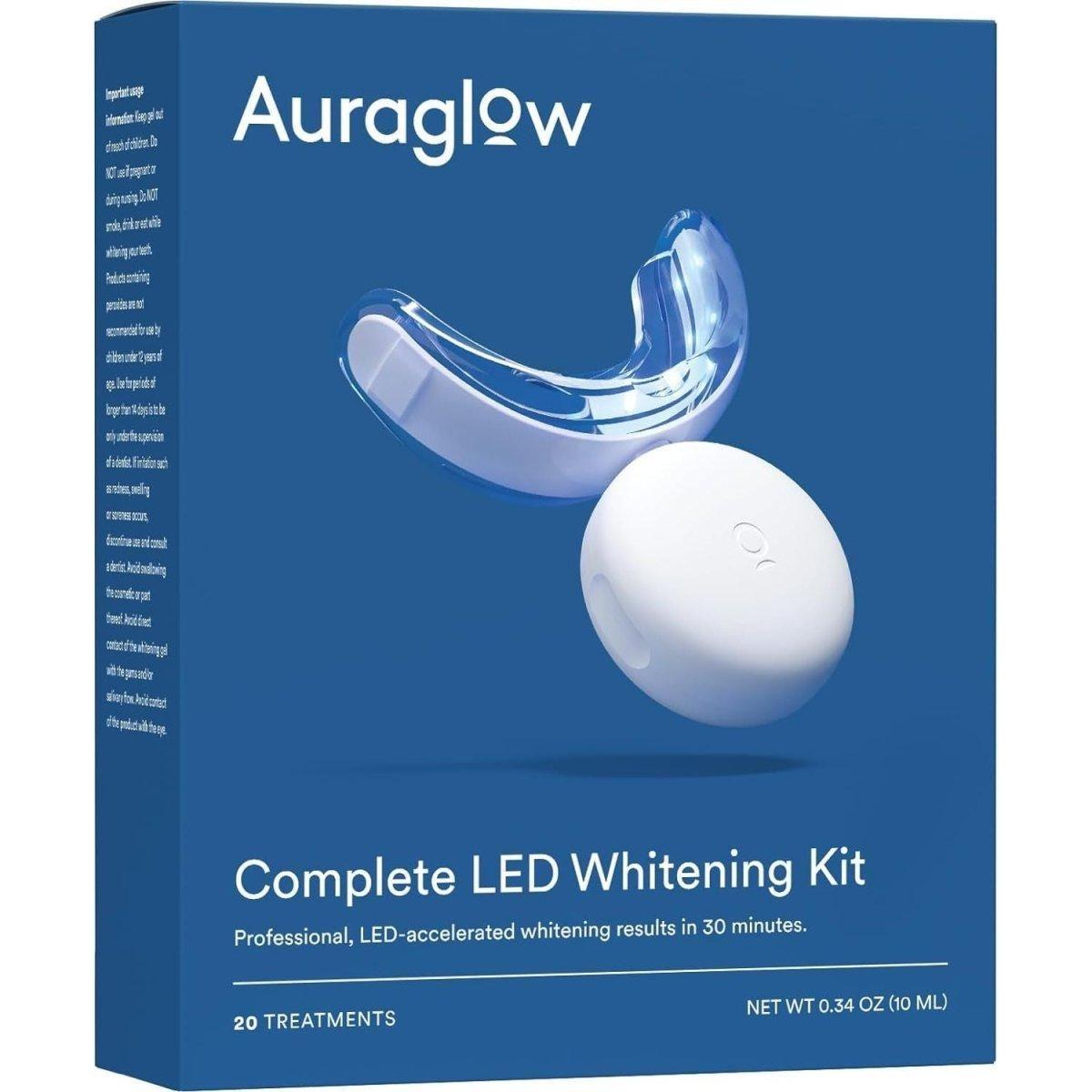 Auraglow Teeth Whitening Kit – LED Accelerator Light & 35% Carbamide Peroxide Gel | 20+ Professional Whitening Treatments Auraglow Teeth Whitening Kit, LED Accelerator Light, 35% Carbamide Peroxide Teeth Whitening Gel, 20+ Whitening Treatments, (2) 5Ml Whitening Gel Syringes - Glam Global UKAuraglow