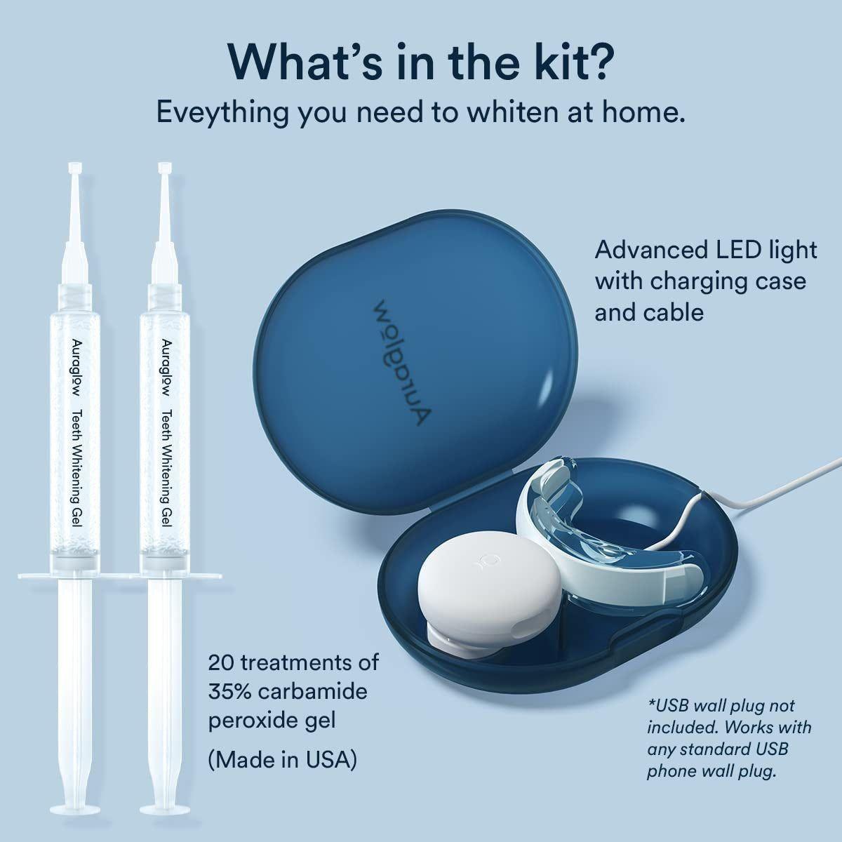 Auraglow Teeth Whitening Kit – LED Accelerator Light & 35% Carbamide Peroxide Gel | 20+ Professional Whitening Treatments Auraglow Teeth Whitening Kit, LED Accelerator Light, 35% Carbamide Peroxide Teeth Whitening Gel, 20+ Whitening Treatments, (2) 5Ml Whitening Gel Syringes - Glam Global UKAuraglow