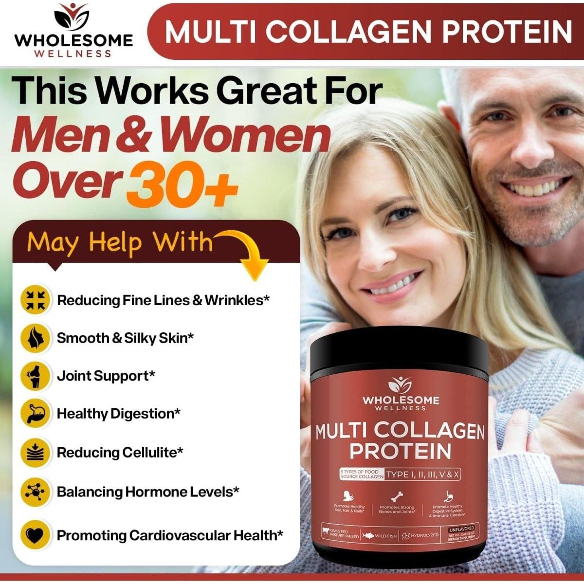Wholesome Wellness Multi Collagen Protein Powder – 454g | 5 Collagen Types for Skin, Joints, Hair, Nails & Digestion Wholesome Wellness Multi Collagen Protein Powder 16 oz - 454 g - Glam Global UKWholesome Wellness