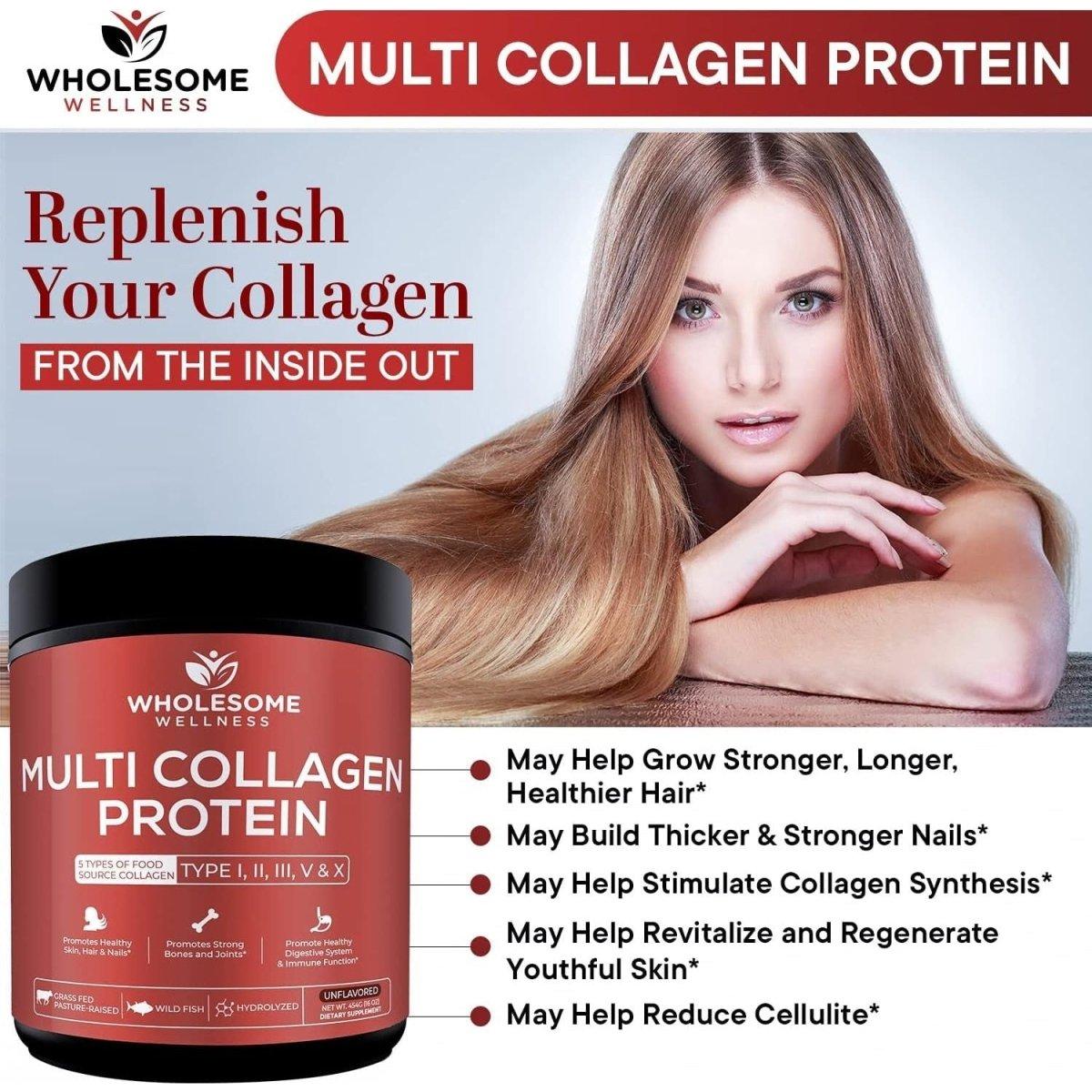 Wholesome Wellness Multi Collagen Protein Powder – 454g | 5 Collagen Types for Skin, Joints, Hair, Nails & Digestion Wholesome Wellness Multi Collagen Protein Powder 16 oz - 454 g - Glam Global UKWholesome Wellness