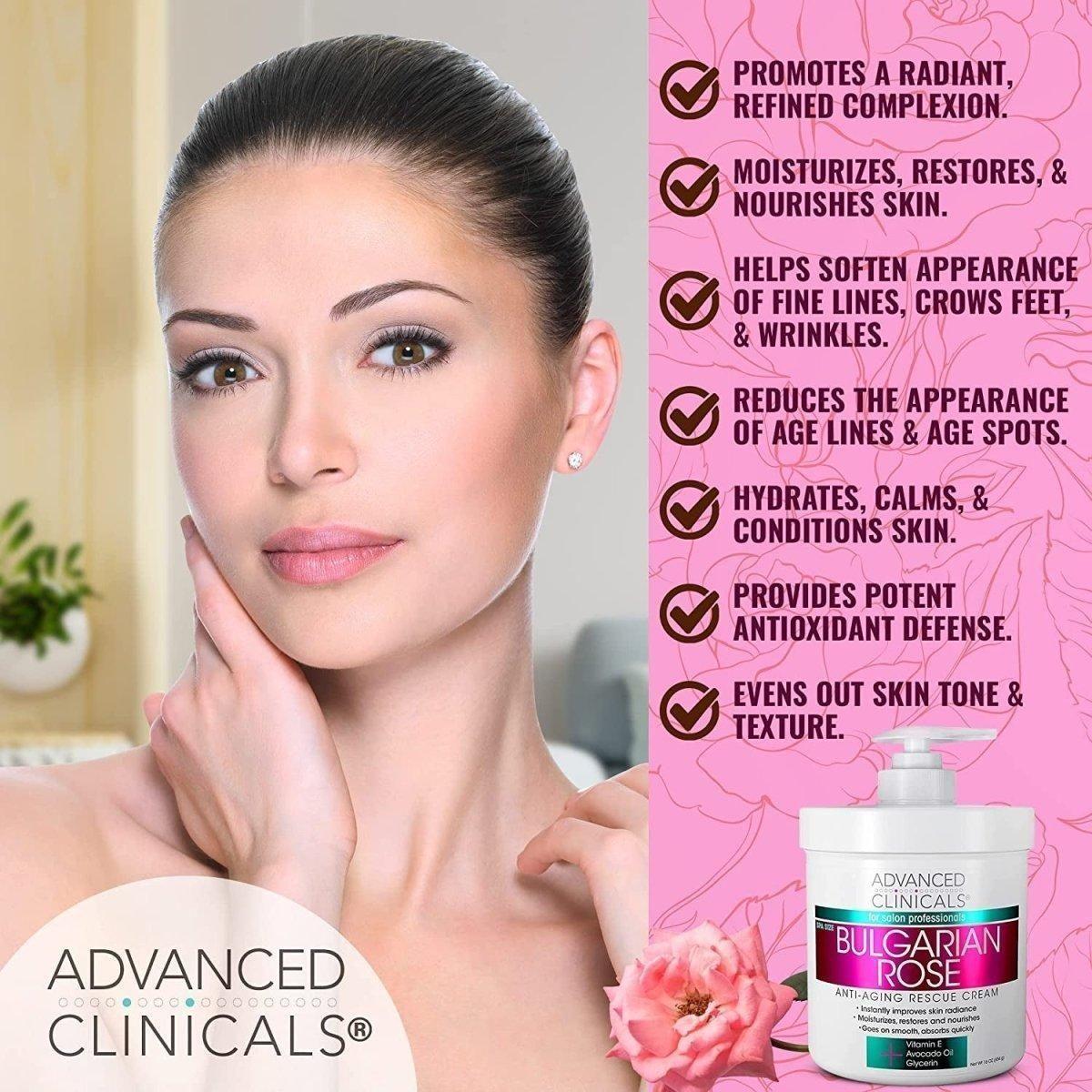 Advanced Clinicals Hydratant anti-âge à la rose bulgare et à la vitamine E - 473 ml (grand) Advanced Clinicals Bulgarian Rose Anti - Aging Rescue Cream - 473g - Glam Global UKAdvanced Clinicals