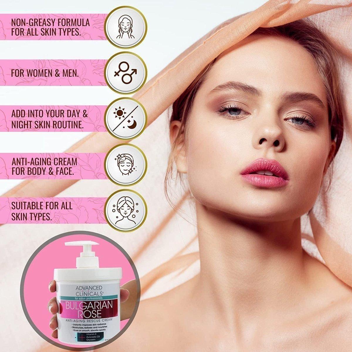 Advanced Clinicals Hydratant anti-âge à la rose bulgare et à la vitamine E - 473 ml (grand) Advanced Clinicals Bulgarian Rose Anti - Aging Rescue Cream - 473g - Glam Global UKAdvanced Clinicals