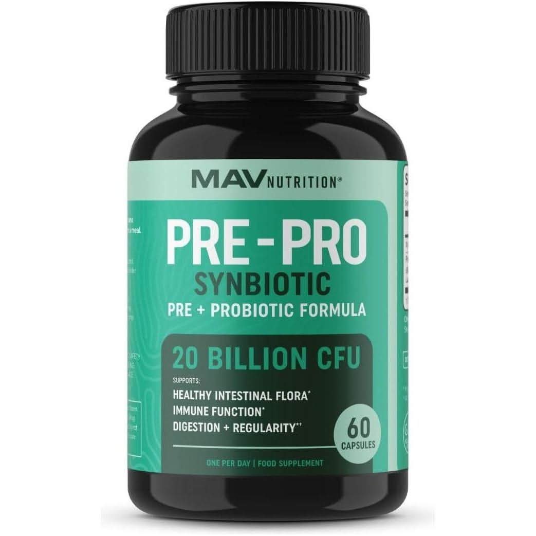 MAV Nutrition Probiotic & Prebiotic Capsules - 20 Billion CFU (60 Ct) | Gut Health & Digestive Support Mav Nutrition Probiotic & Prebiotic Capsules | 20 Billion CFU | Vegetarian | 60 Ct - Glam Global UKMav Nutrition