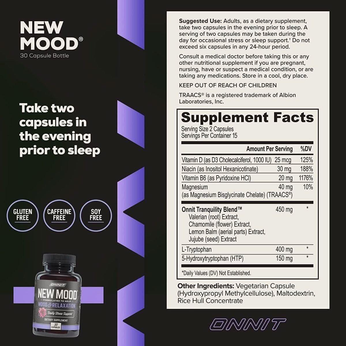 Onnit New Mood – Stress Relief, Sleep & Mood Support (30 Capsules) | Relax & Unwind Naturally Onnit New Mood - Occasional Stress Relief, Sleep and Mood Support Supplement, 30 Count - Glam Global UKOnnit