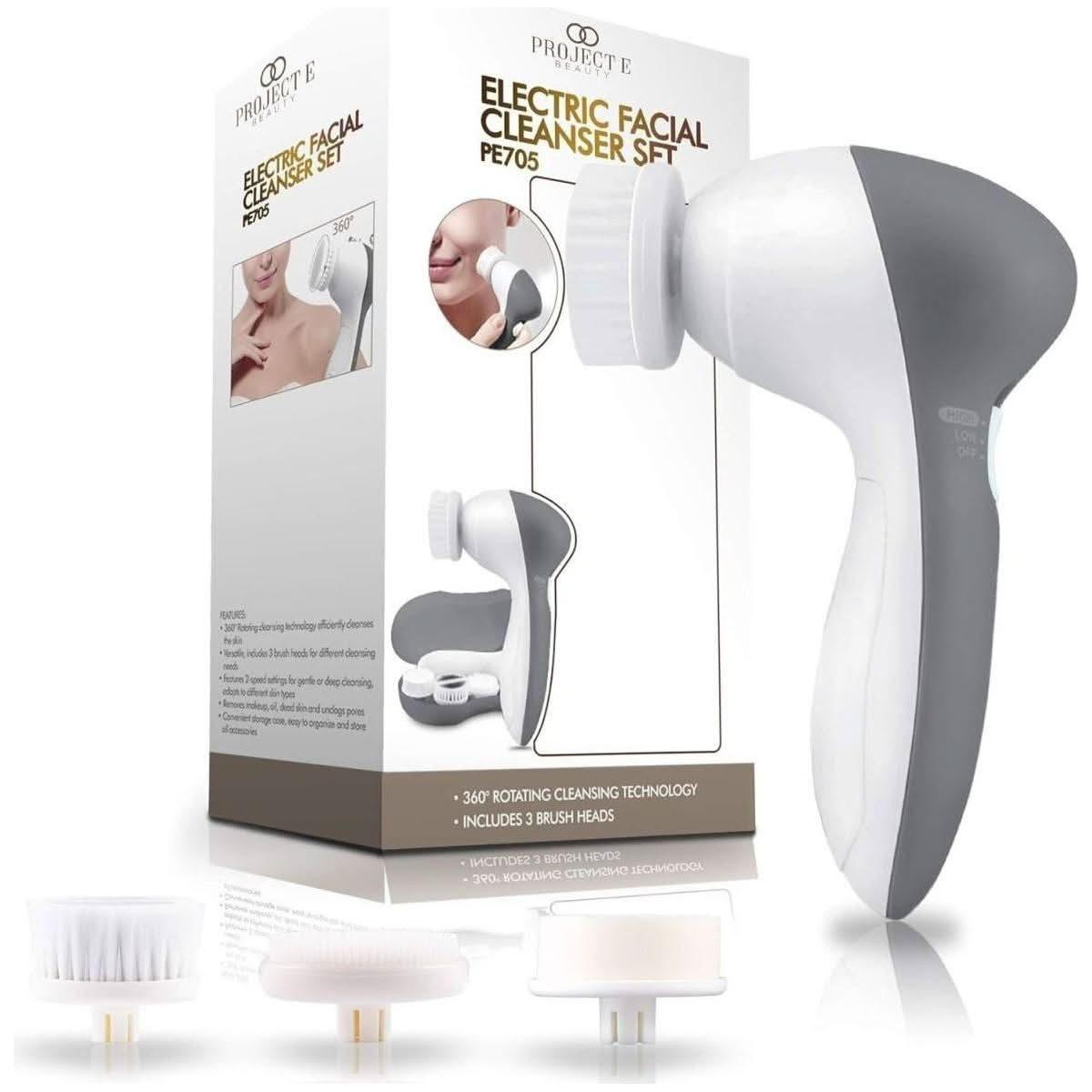 Project E Beauty Electric Facial Cleanser Set | 360° Rotating Brush with 3 Exfoliating Heads for Deep Pore Cleansing Project E Beauty Electric Facial Cleanser Set - Glam Global UKProject E Beauty