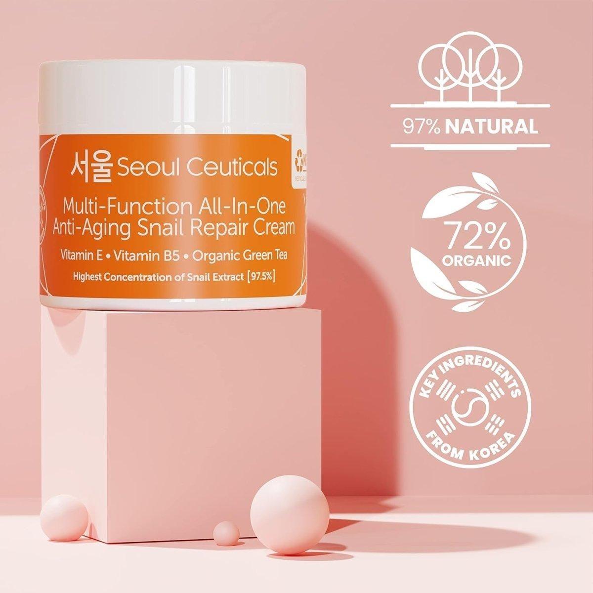SeoulCeuticals Multi Function All-In-One Snail Repair Cream – 60ml | 97.5% Snail Mucin + Organic Botanicals for Youthful, Radiant Skin SeoulCeuticals Multi Function All in One Snail Repair Cream - 60ml - Glam Global UKSeoulCeuticals