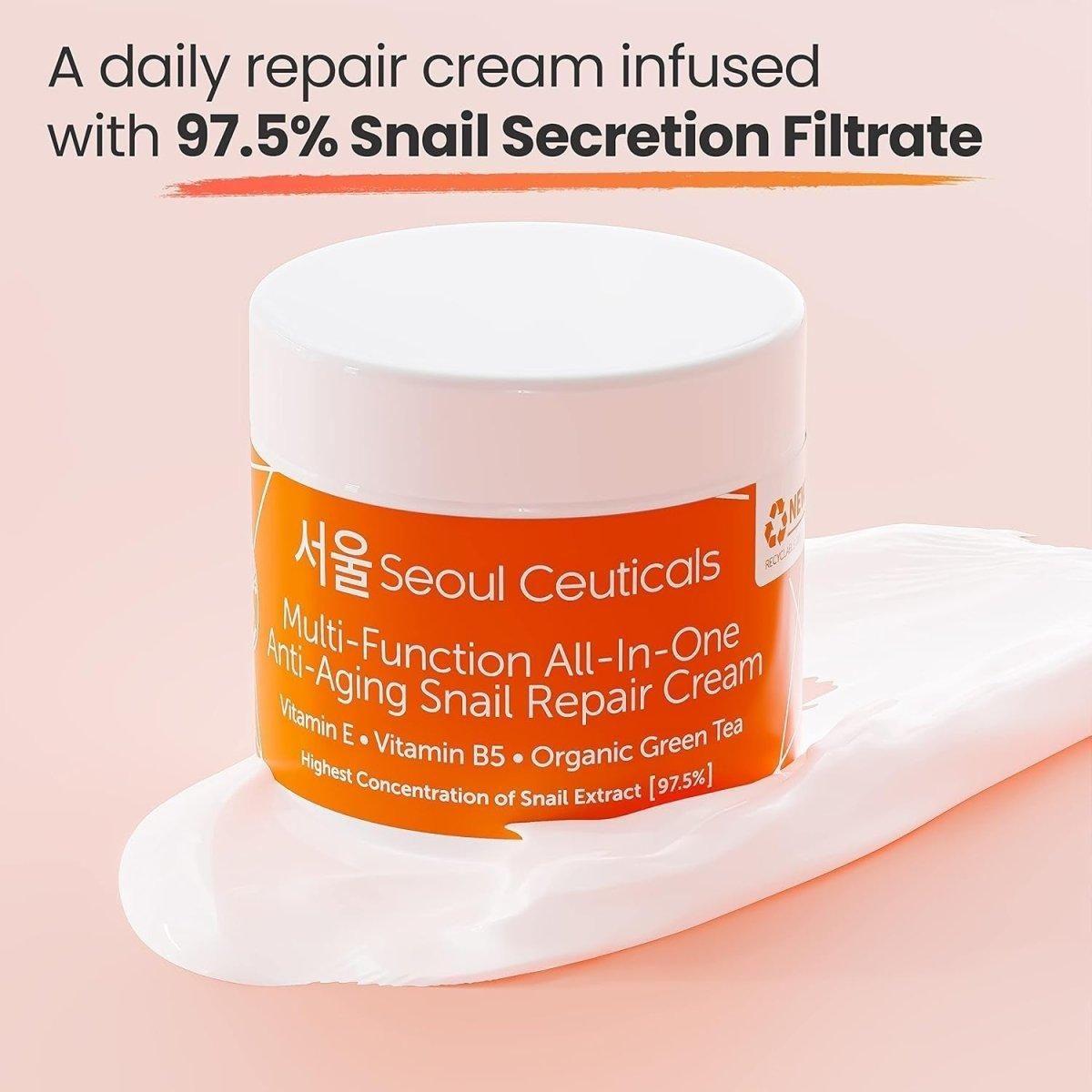 SeoulCeuticals Multi Function All-In-One Snail Repair Cream – 60ml | 97.5% Snail Mucin + Organic Botanicals for Youthful, Radiant Skin SeoulCeuticals Multi Function All in One Snail Repair Cream - 60ml - Glam Global UKSeoulCeuticals