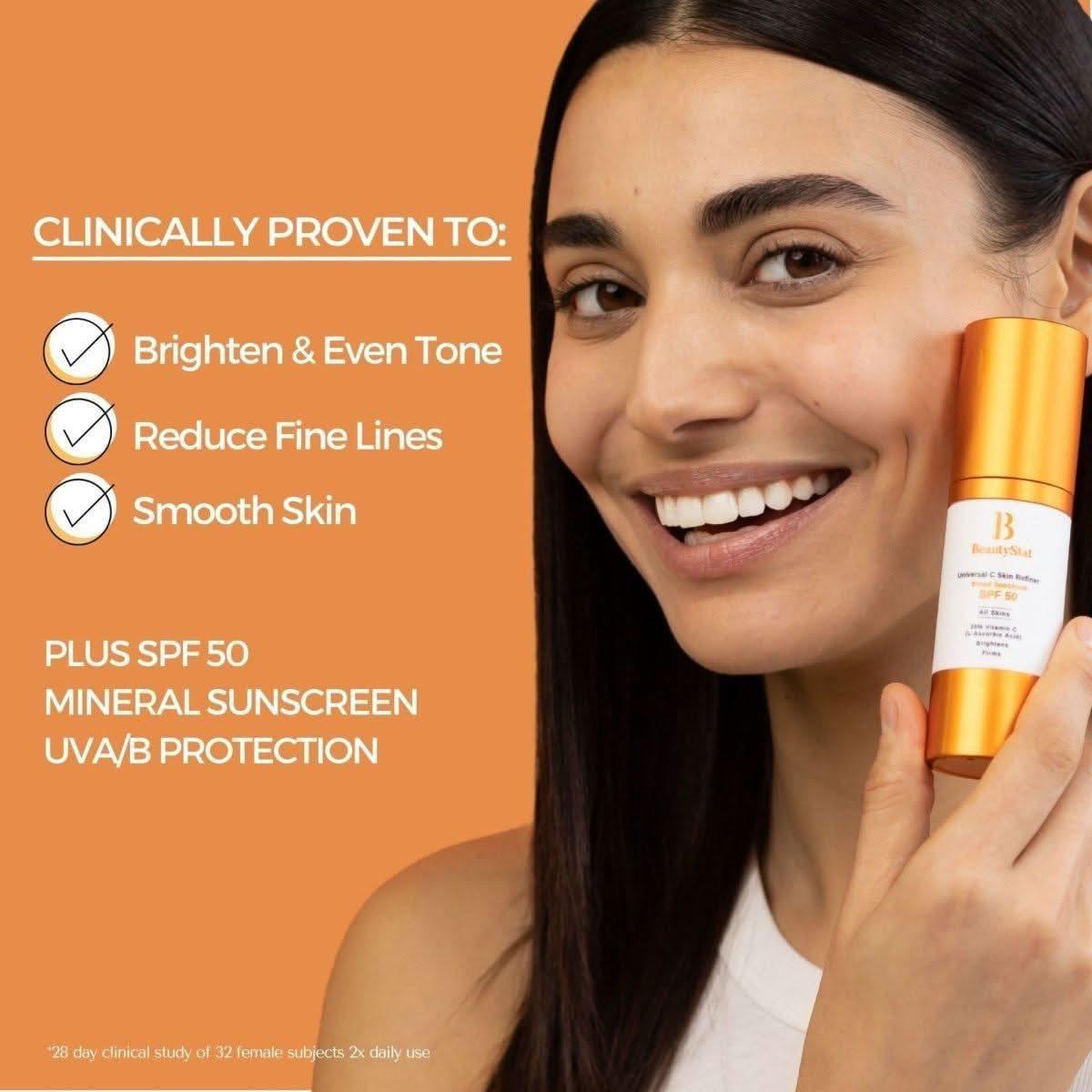 BeautyStat Universal C Skin Refiner Vitamin C Serum + SPF 50 Mineral Sunscreen – 30ml | Brightening & Anti-Aging UV Protection BeautyStat Universal C Skin Refiner Vitamin C Serum + SPF 50 Mineral Sunscreen - 30ml - Glam Global UKBeautyStat