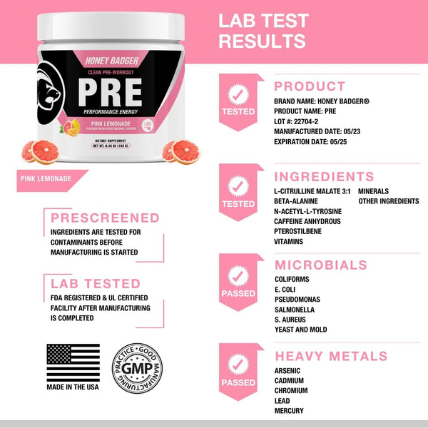 Honey Badger Clean Pre-Workout (Pink Lemonade Flavor) – 183g | Natural Energy, Focus & Endurance with Zero Crash
