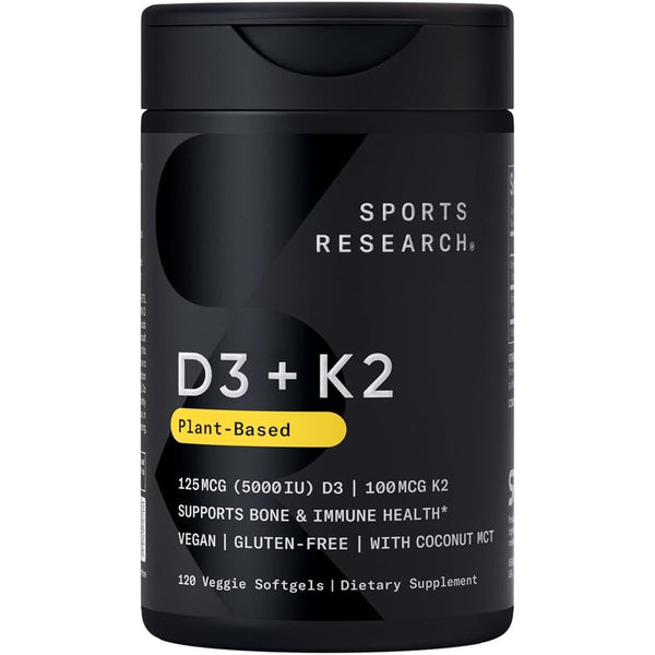 Sports Research® D3 + K2 – 120 Veggie Softgels | Bone Strength & Immune Support, Vegan Formula
