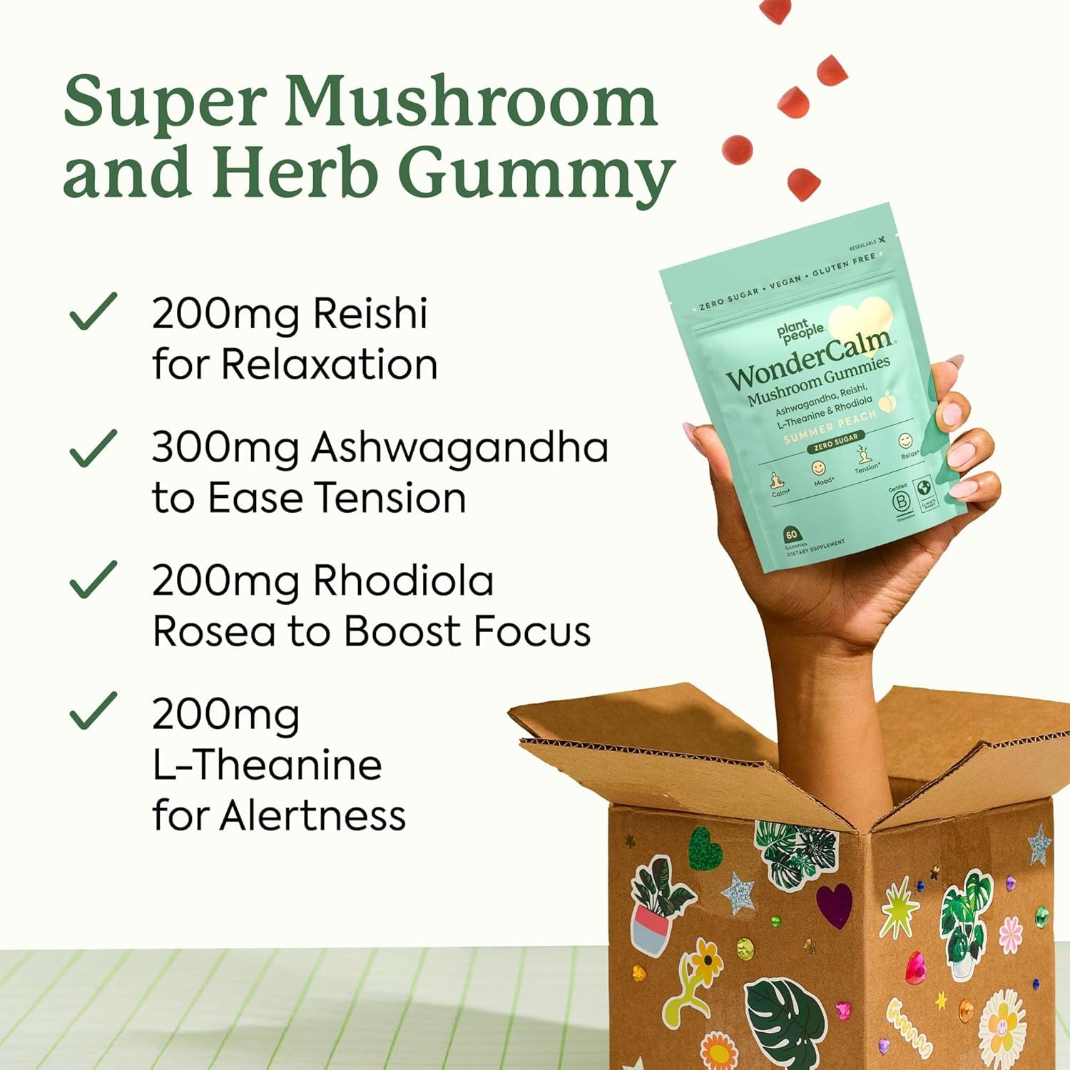 Plant People WonderCalm Mushroom Gummies – 60 Gummies | Stress Relief & Mood Support with Ashwagandha, Reishi & L-Theanine