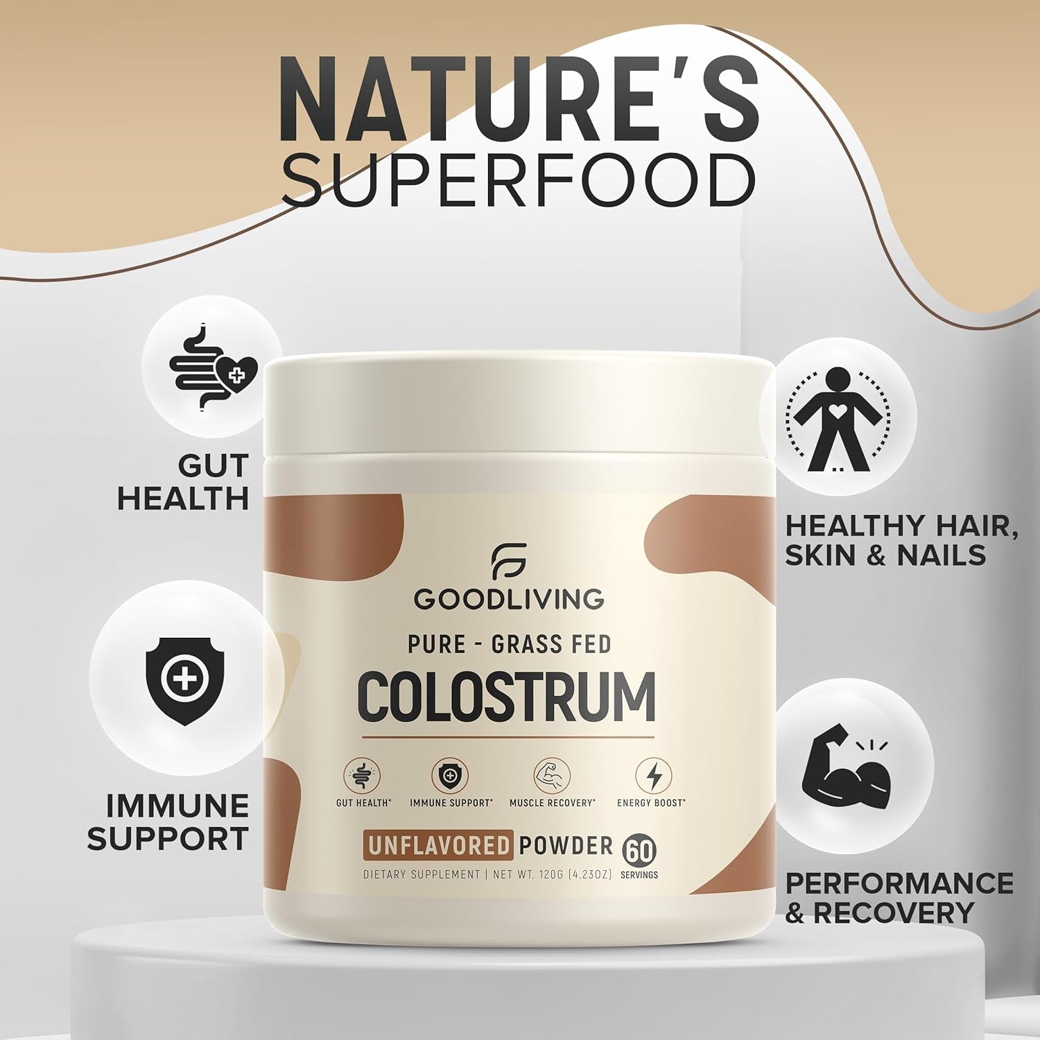 GoodLiving Pure – Grass Fed Colostrum Unflavored Powder – 120g | Immune, Gut & Muscle Support Superfood