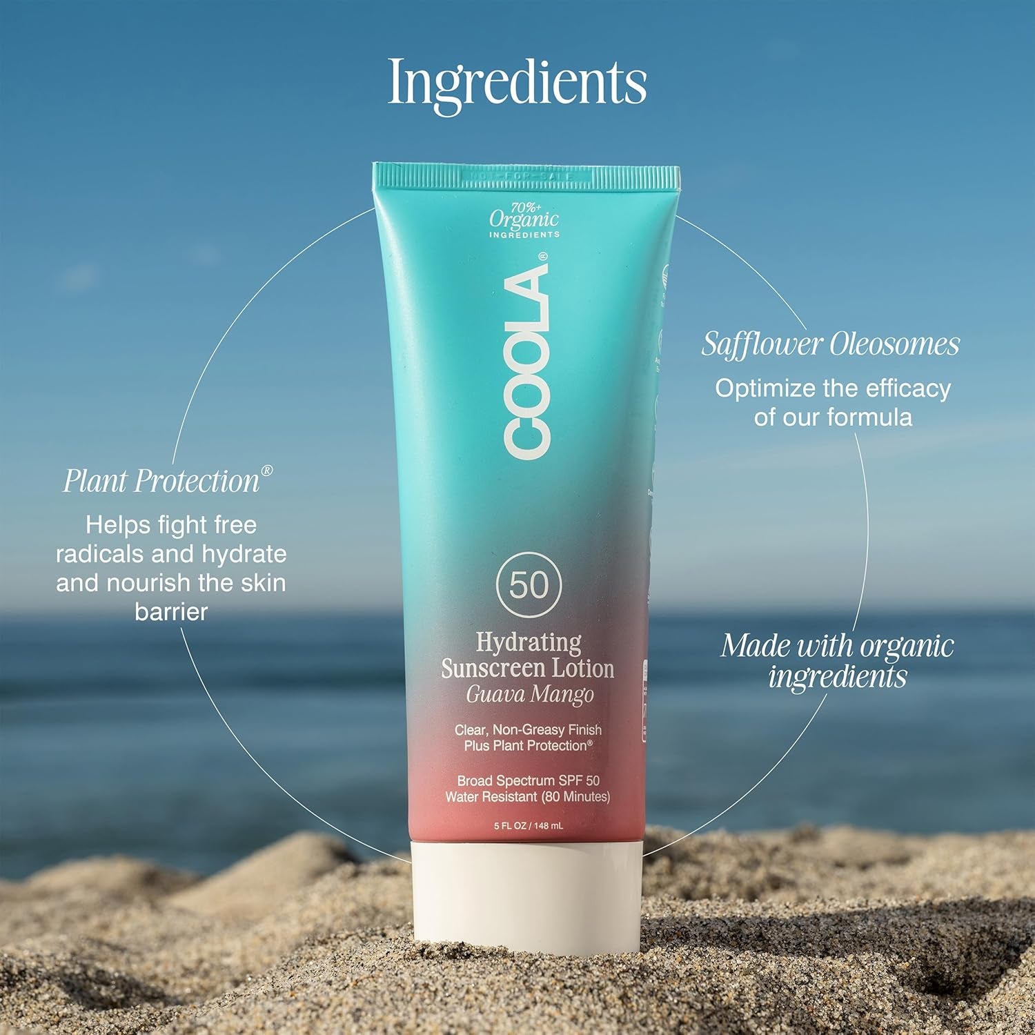 COOLA Hydrating Sunscreen Lotion SPF 50 Guava Mango – 148ml | Organic, Reef-Friendly Body Protection with Antioxidants