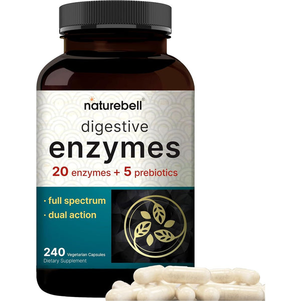 NatureBell Digestive Enzymes – 240 Vegetarian Capsules | Full Spectrum Enzyme & Prebiotic Blend