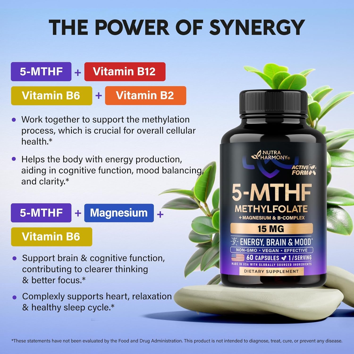 NUTRAHARMONY 5-MTHF Methylfolate Supplement – 60 Capsules | High-Potency Active B9 with B2, B6, B12 & Magnesium