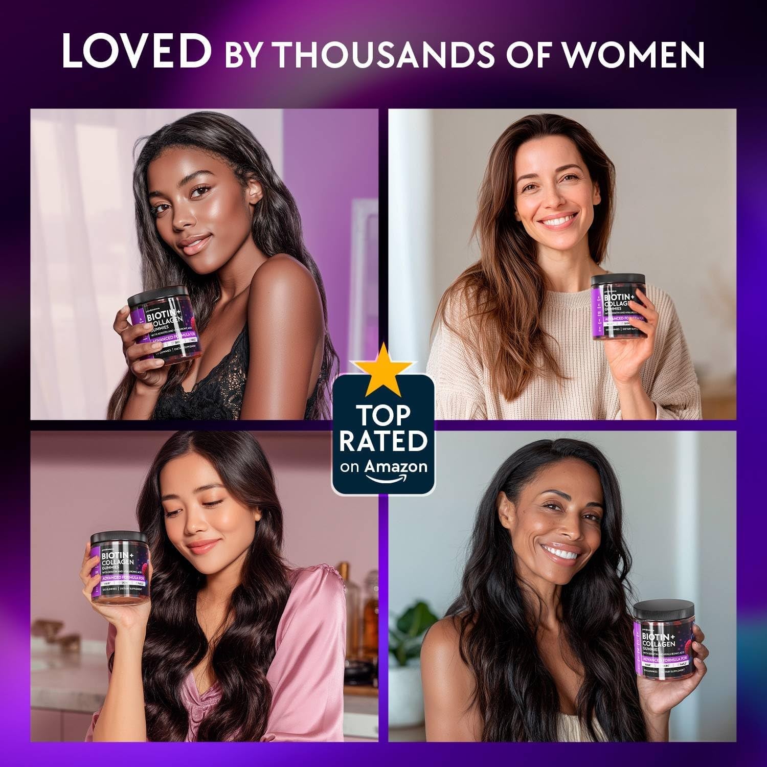 Biotin Gummies 10000Mcg for Hair Growth Support - Sugar Free Multi Collagen with Keratin, Silica & Hyaluronic Acid - Pectin Based, Soft Chew Hair Skin and Nails Vitamins - 120 Count