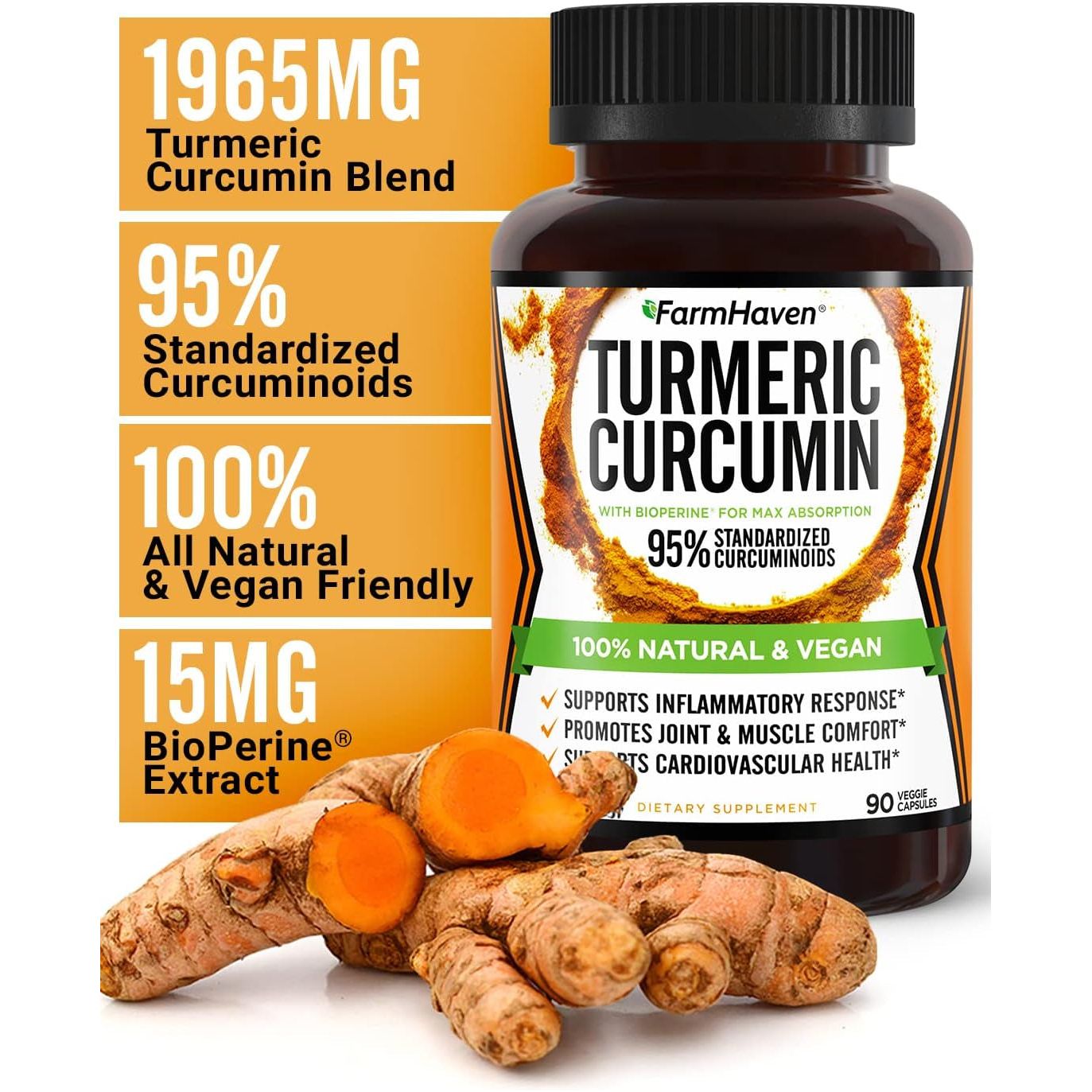 FarmHaven Turmeric Curcumin – 90 Capsules | 1965mg High-Potency Joint, Heart & Brain Support with BioPerine®