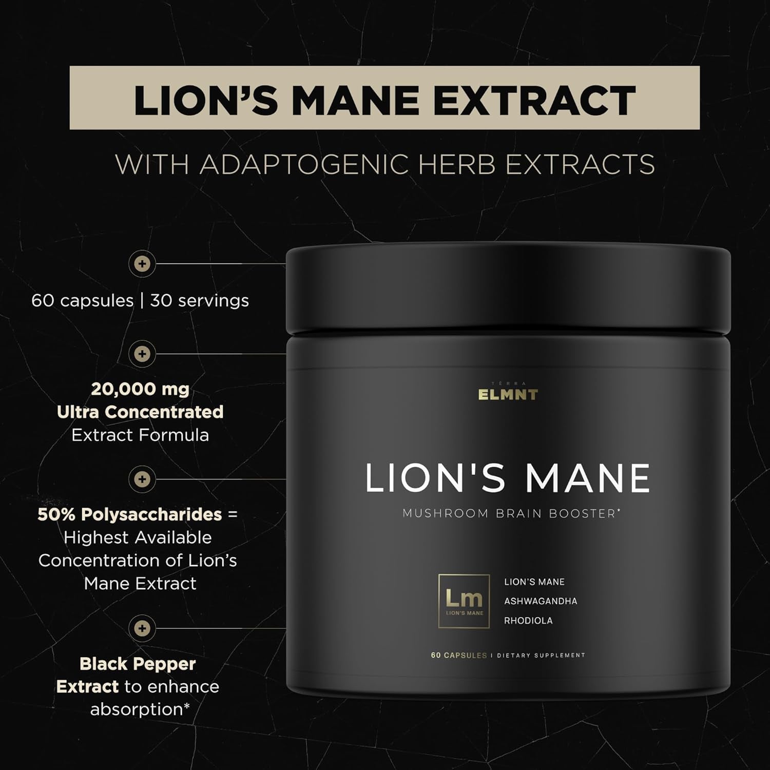 TERRA ELMNT Lions Mane Mushroom Brain Booster - 60 Capsules